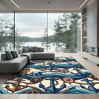 Nautical Blue Anchor Compass Wave Illustration Rug