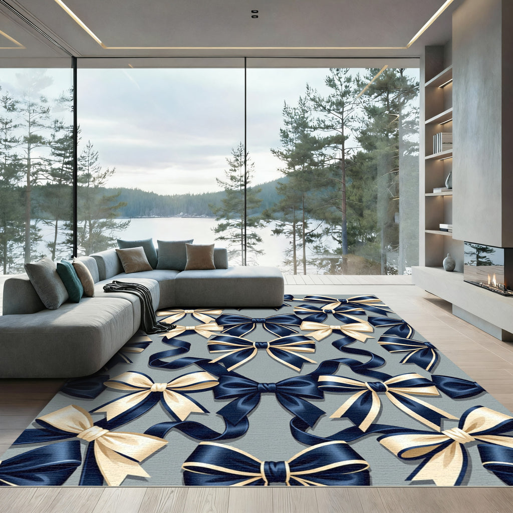 Navy Ribbons with Champagne Cream Bows Rug