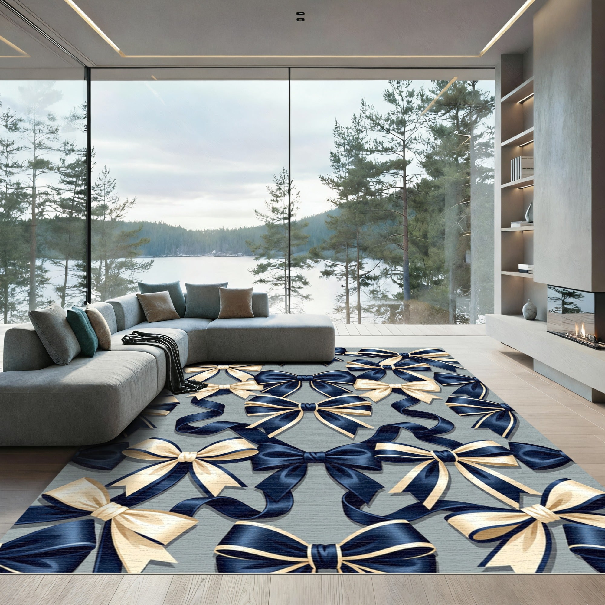 Navy Ribbons with Champagne Cream Bows Rug