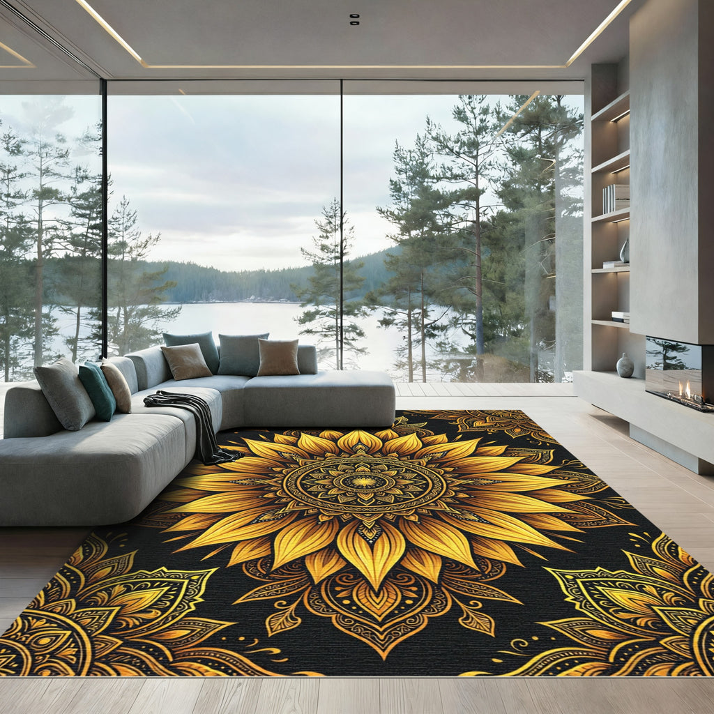 Golden Sunflower Medallion Mandala Art Rug