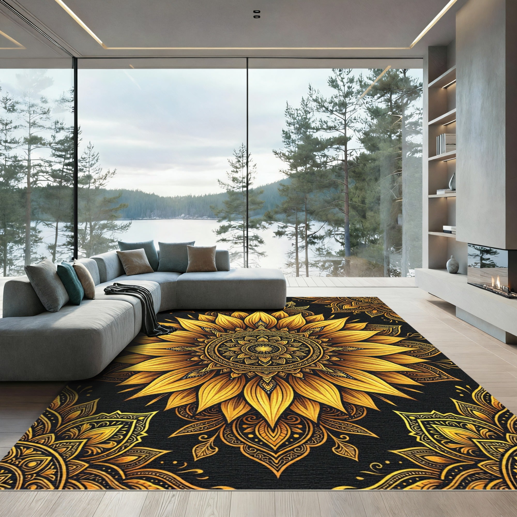 Golden Sunflower Medallion Mandala Art Rug