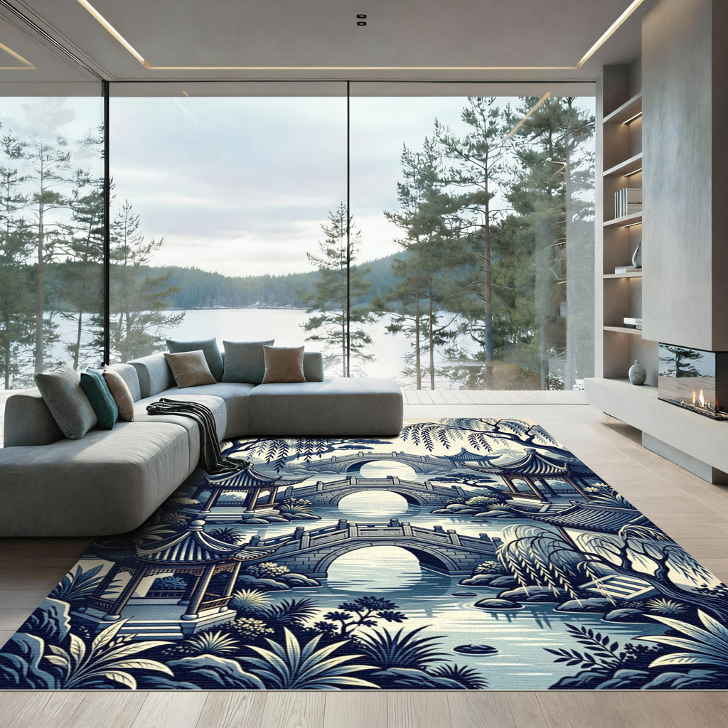 Serene Blue Asian Willow Pagoda Landscape Rug