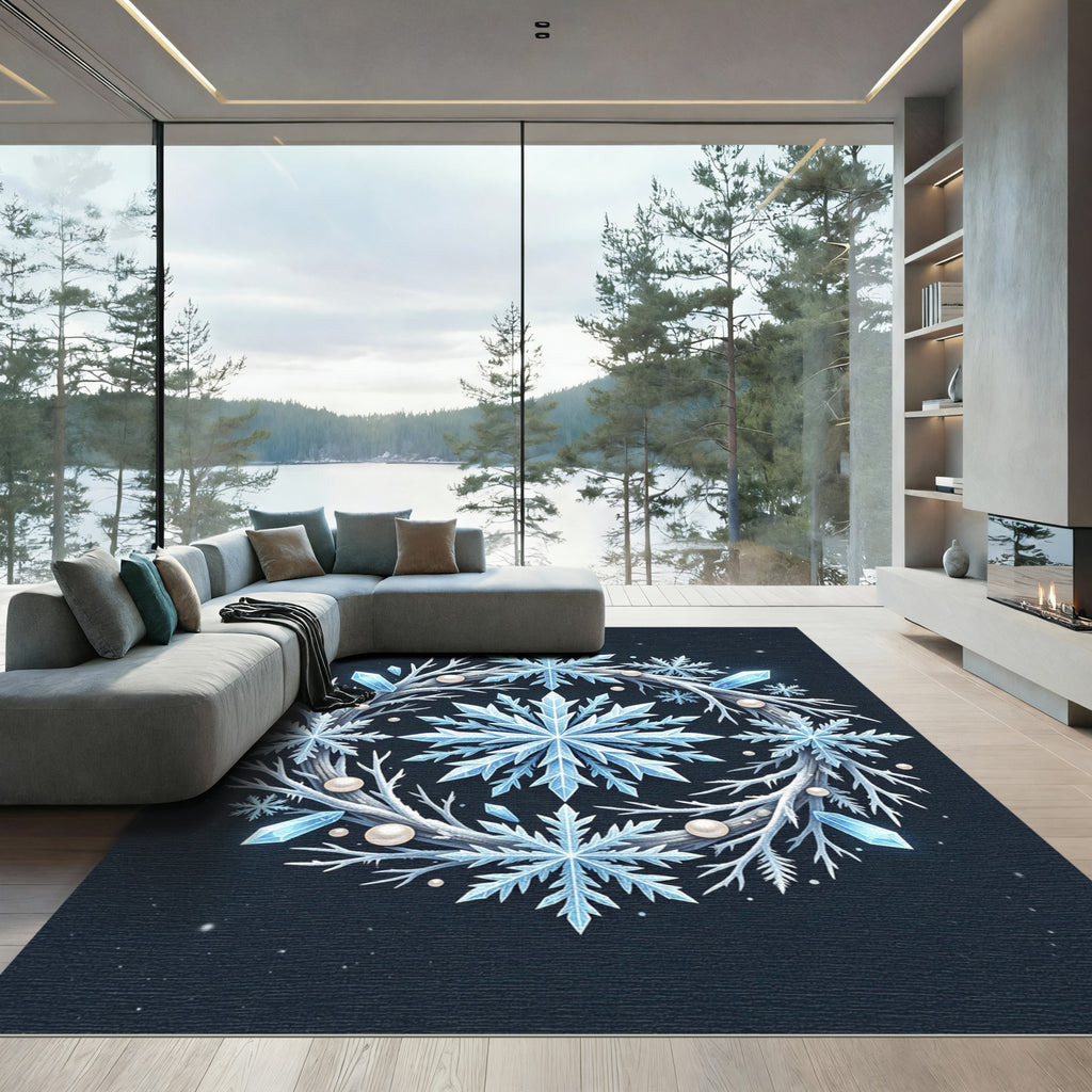 Icy Blue Winter Snowflake Crystal Wreath Rug