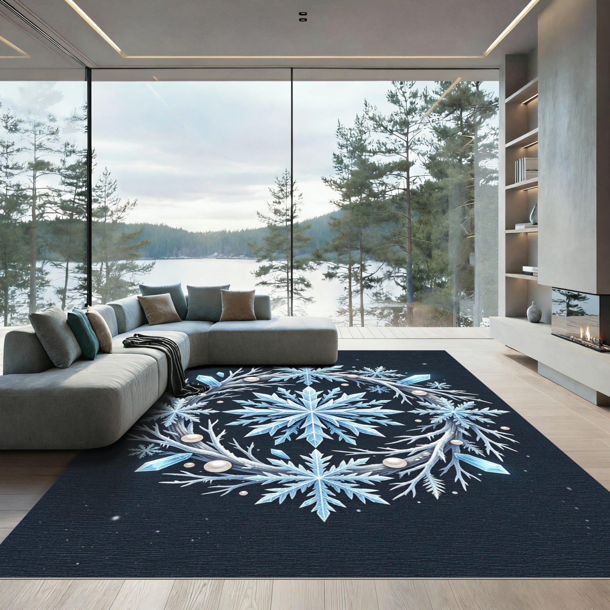Icy Blue Winter Snowflake Crystal Wreath Rug
