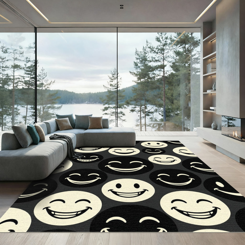 Monochrome Smiling Face Graphic Art Rug