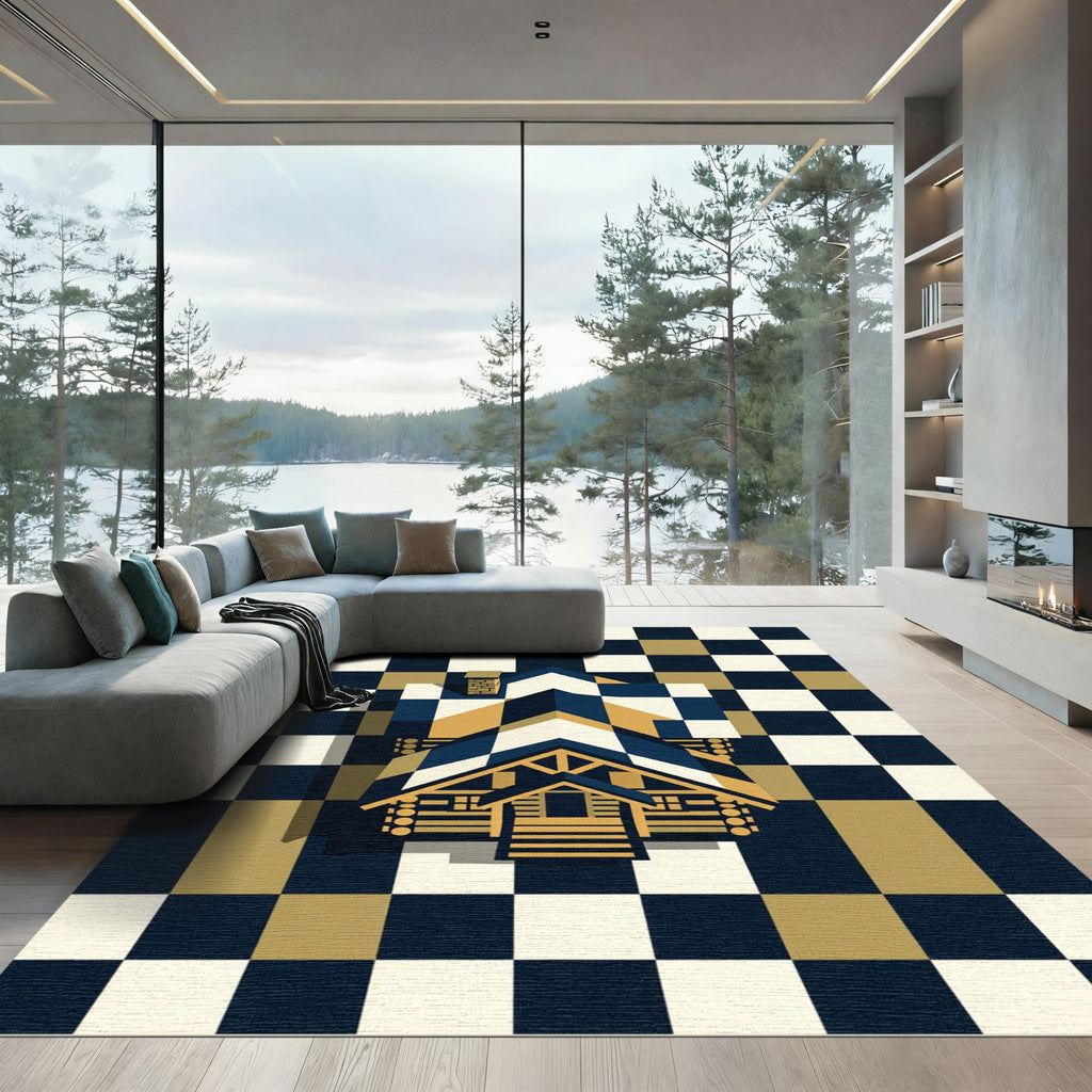 Navy and Gold Geometric Cabin Tile Rug