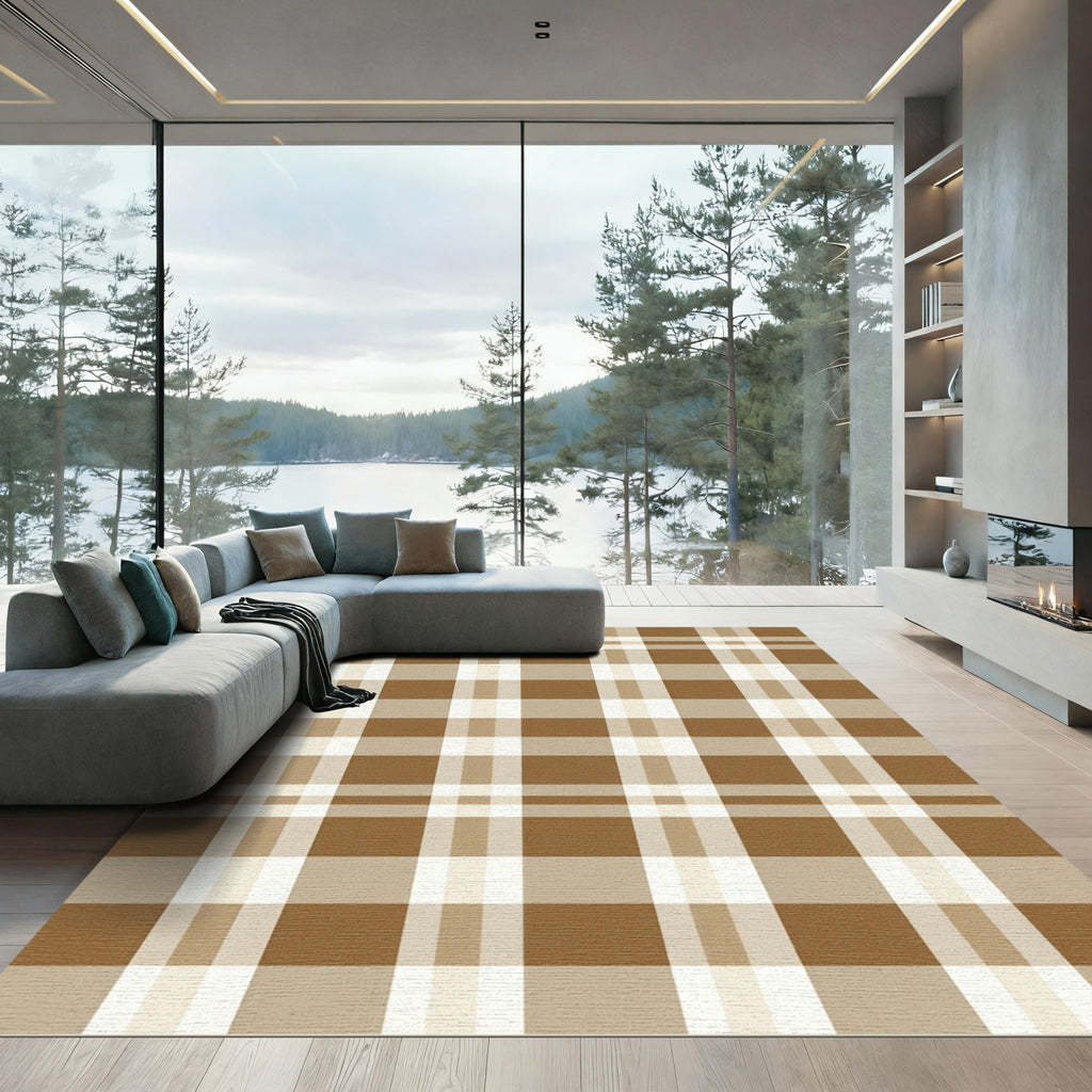 Earthy Tan and Brown Plaid Check Rug