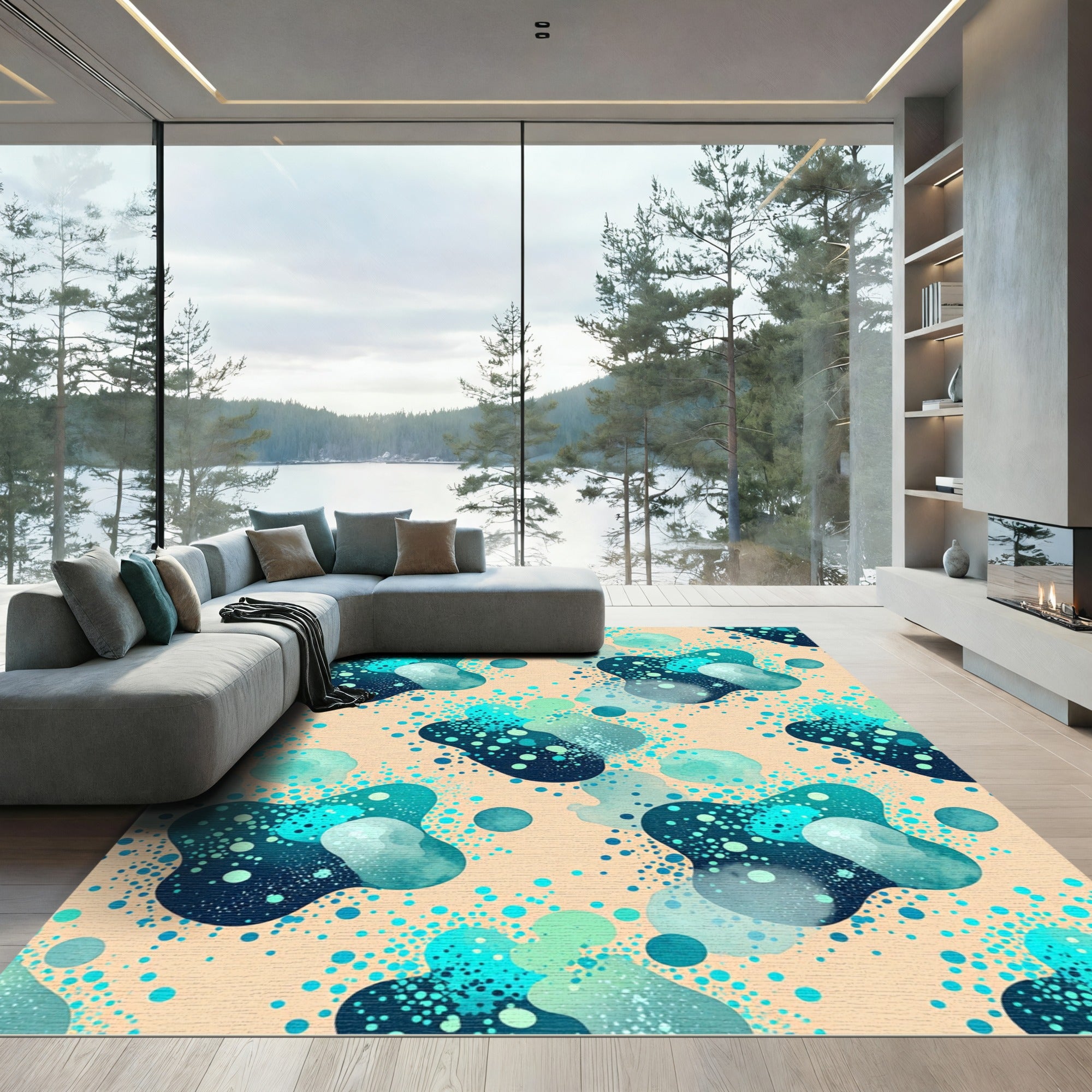Teal Abstract Organic Aqua Speckled Art Rug