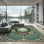 Ornate Teal Floral Crest Border Rug