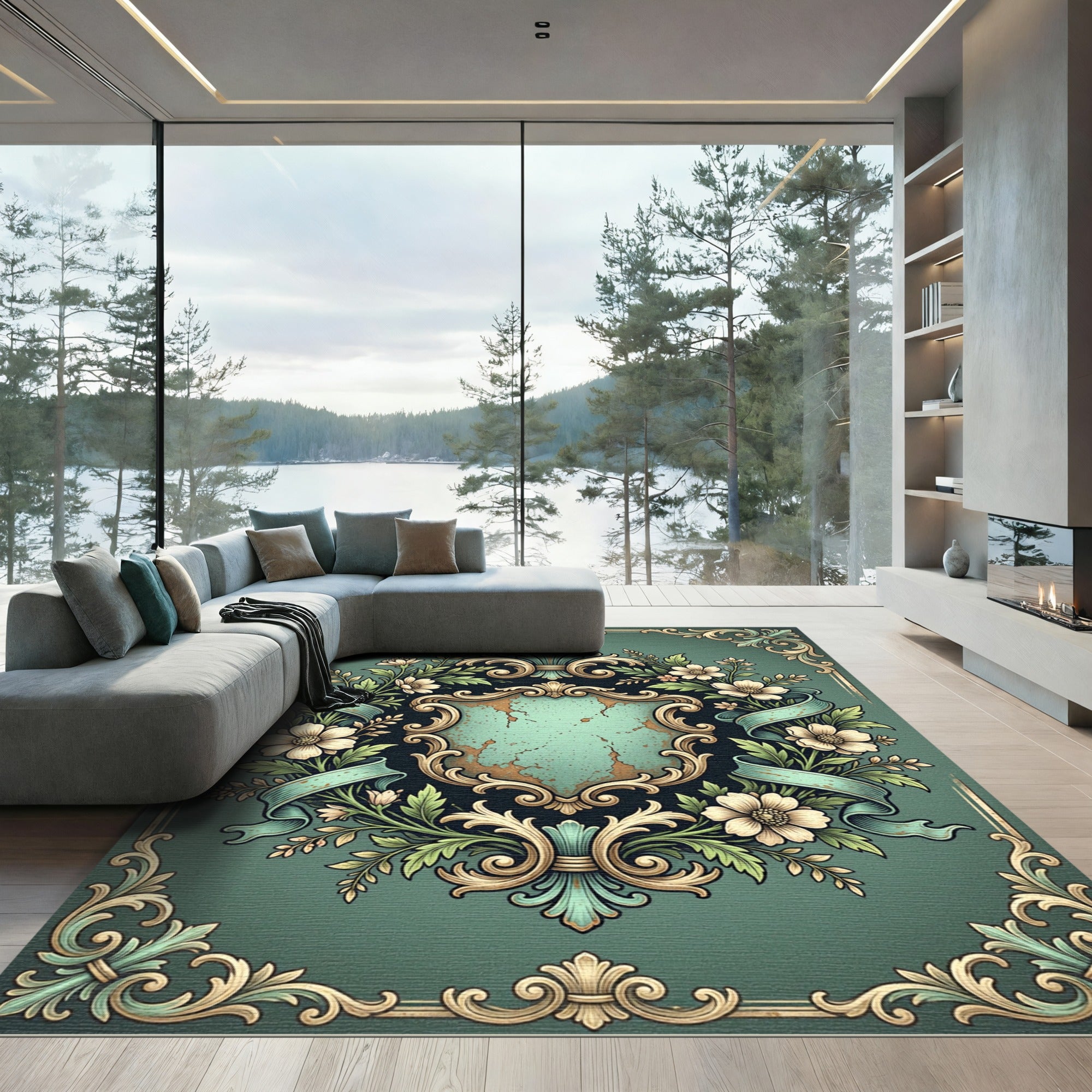 Ornate Teal Floral Crest Border Rug