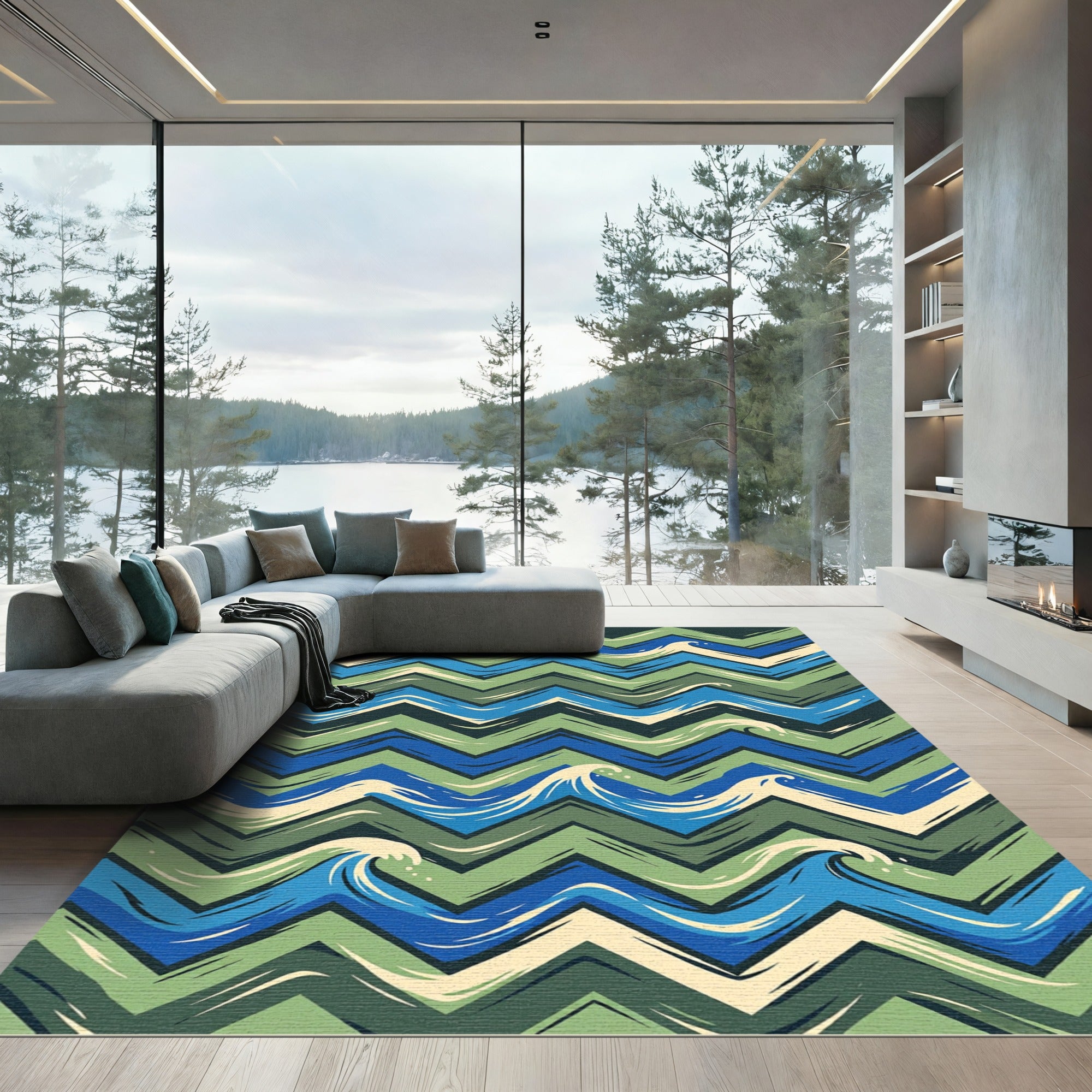 Blue Green Chevron Ocean Waves Rug