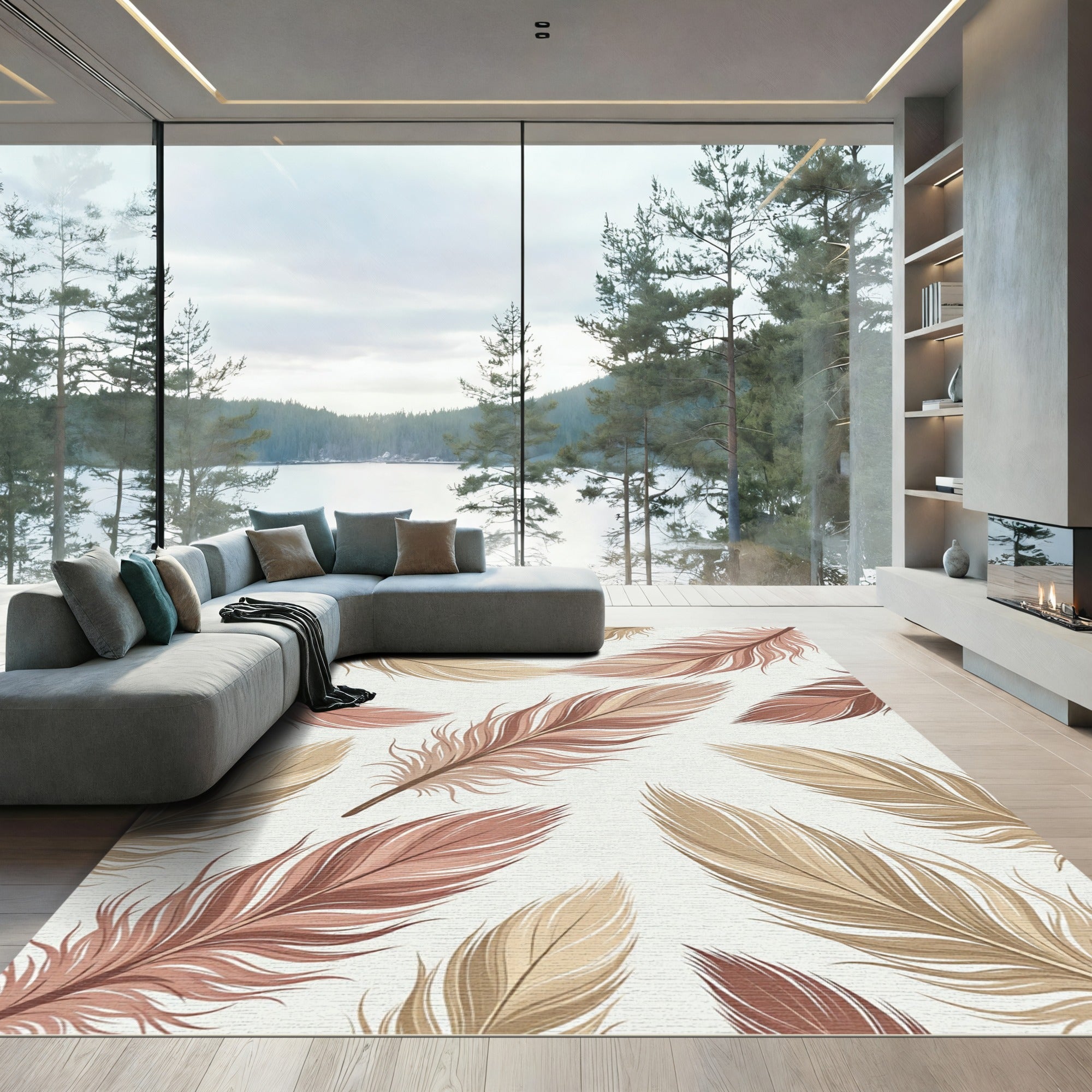 Floating Earth Toned Feather Composition Rug