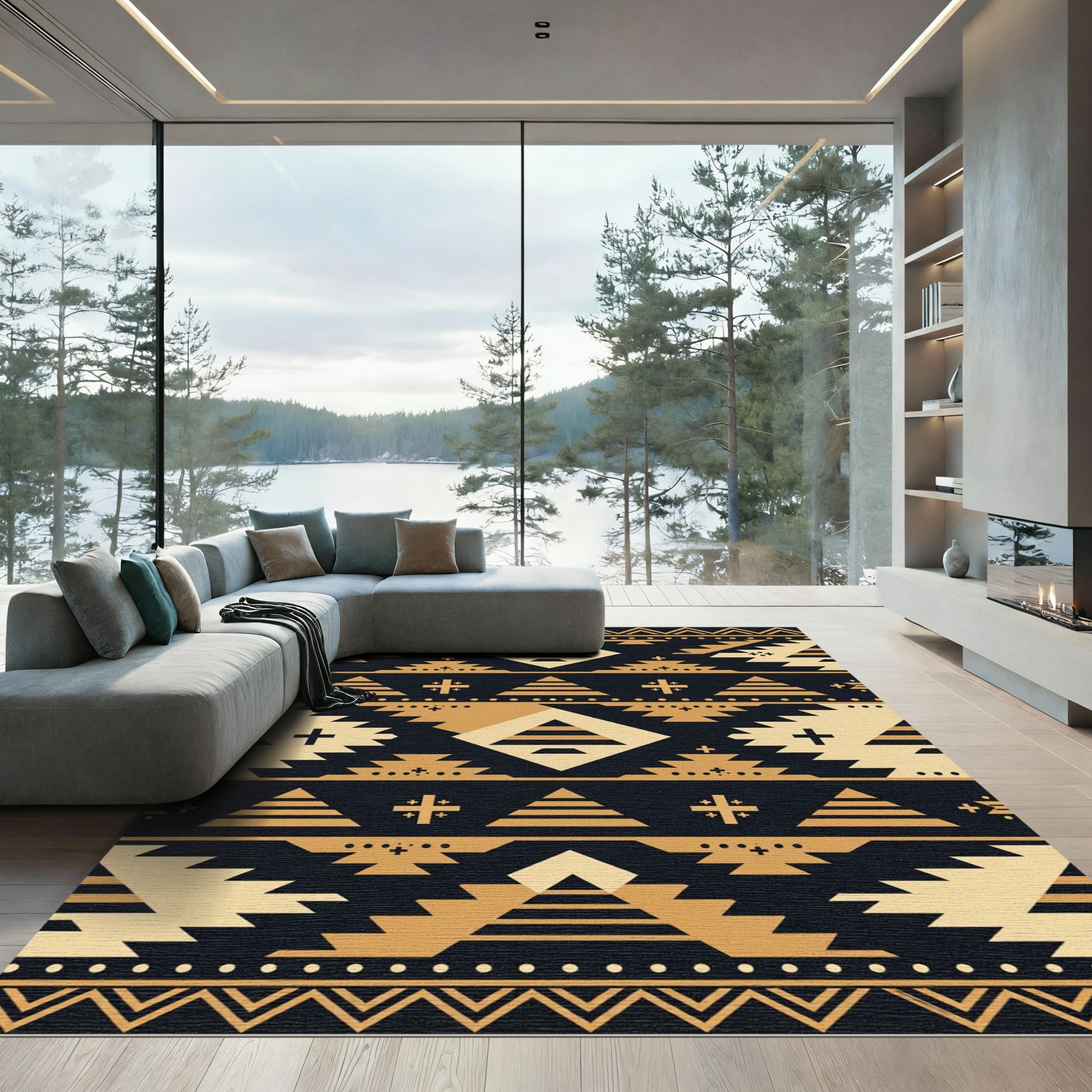 Gold Navajo Inspired Geometric Stripe Rug