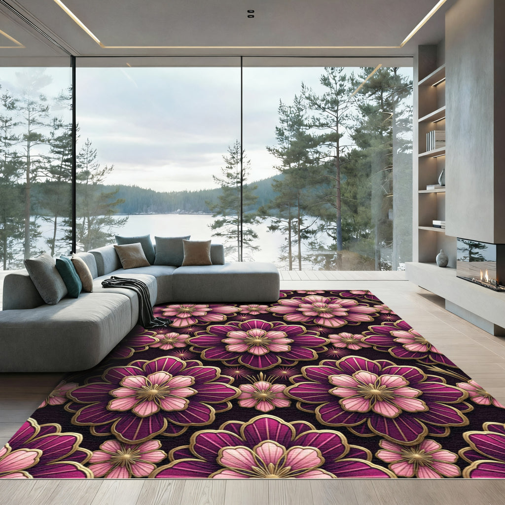 Pink Purple Floral Gold Embossed Rug