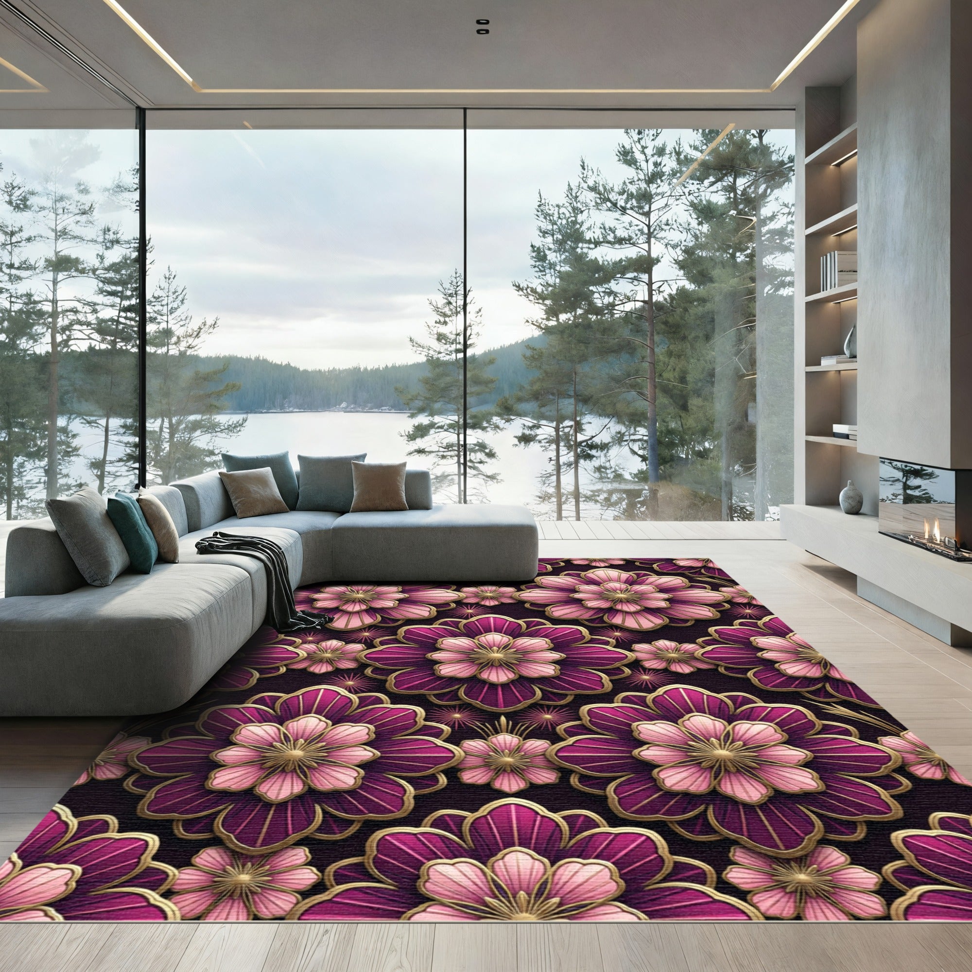 Pink Purple Floral Gold Embossed Rug