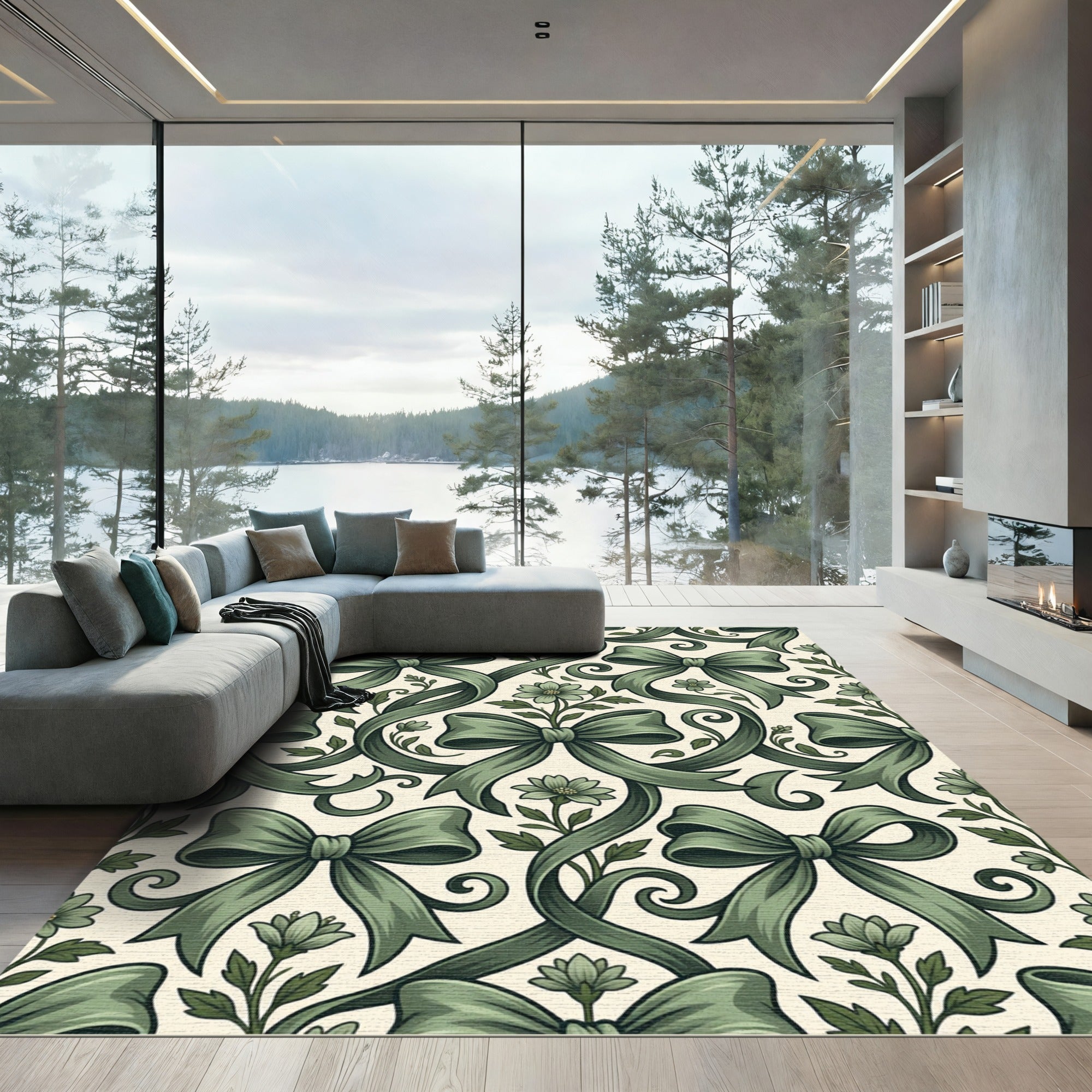 Sage Ribbon and Floral Swirls Rug