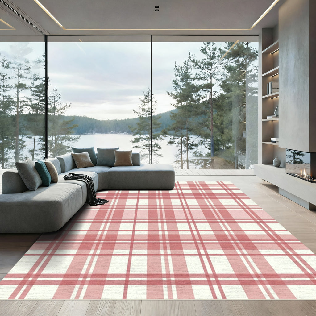 Rosy Pink Tartan Plaid Squares Rug