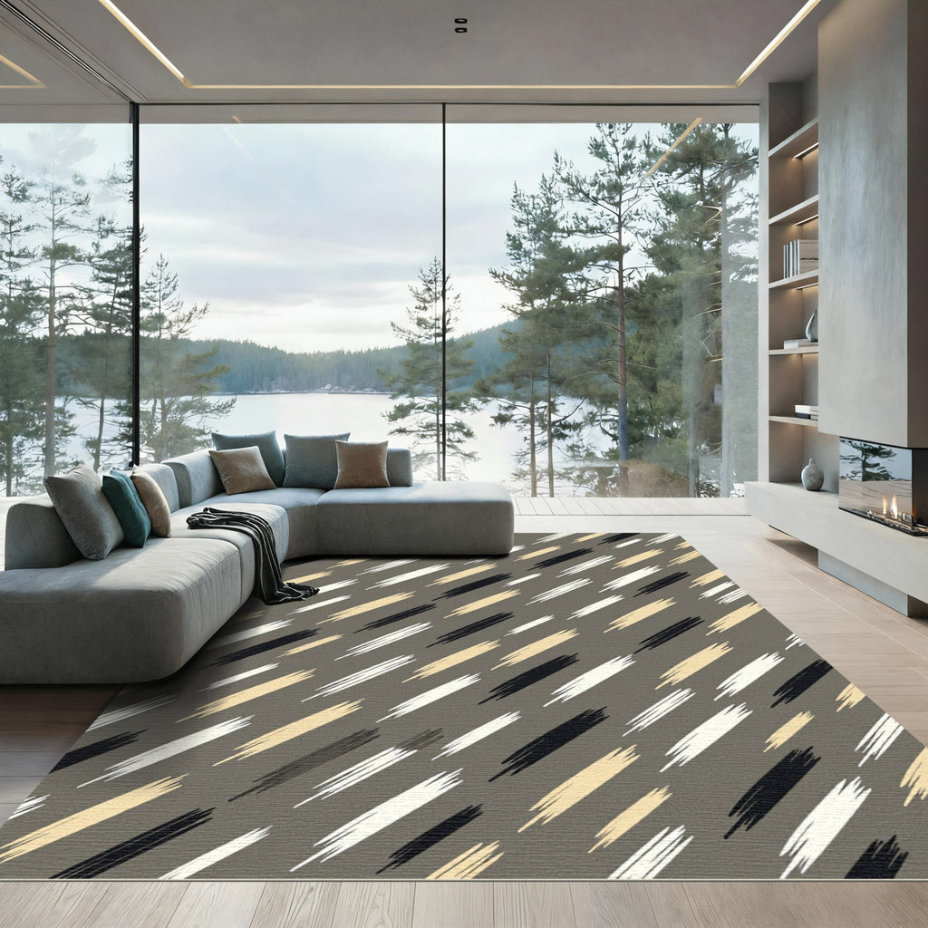 Diagonal Brushstroke Cream Black Gold Rug