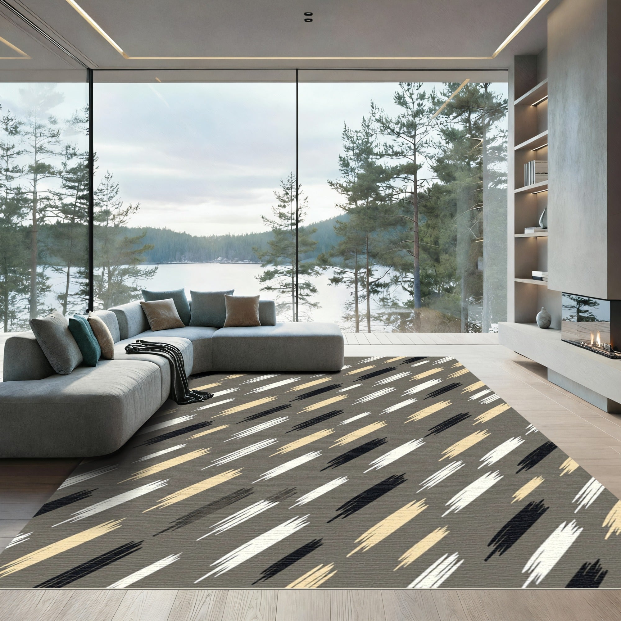 Diagonal Brushstroke Cream Black Gold Rug