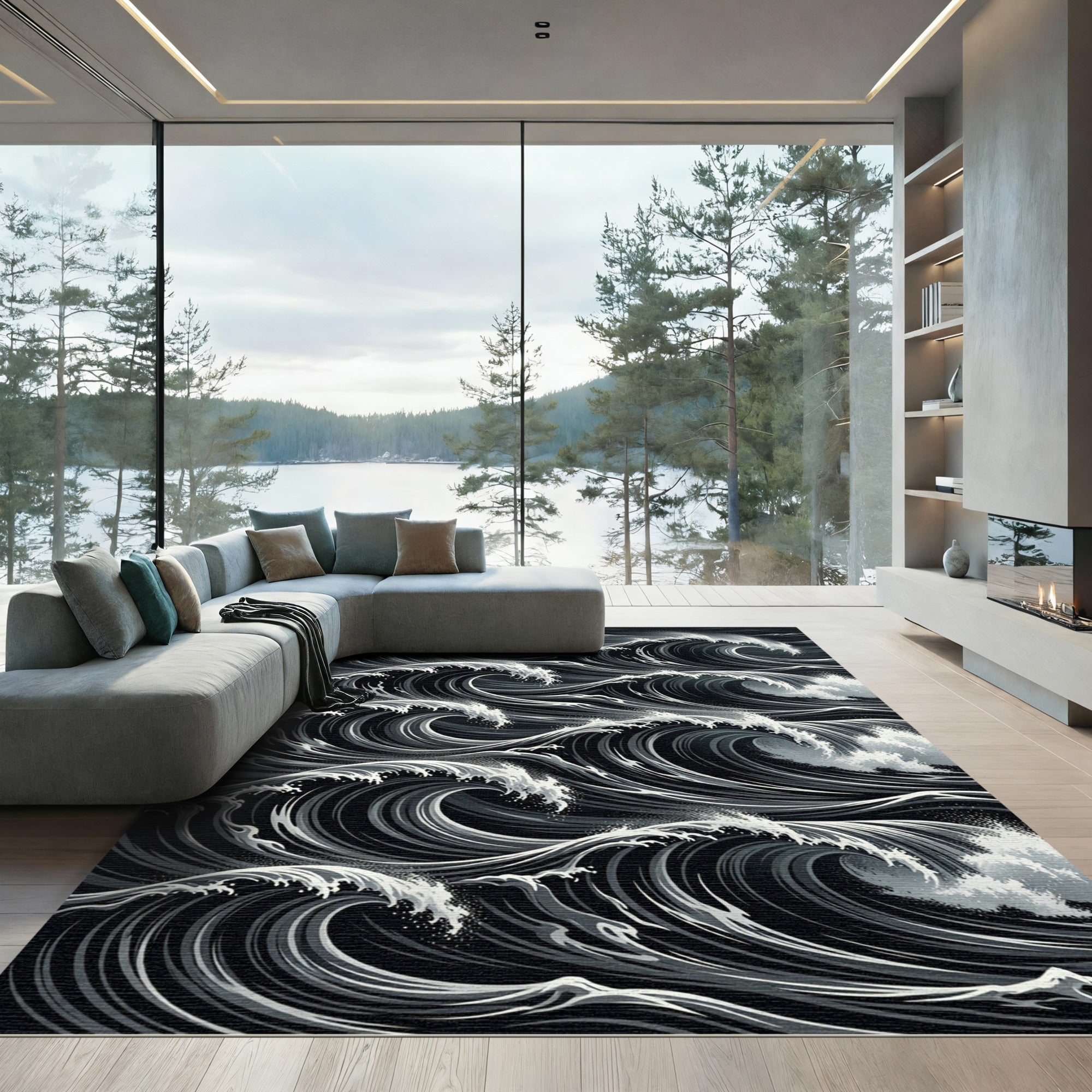 Dramatic Monochrome Swirling Ocean Waves Rug