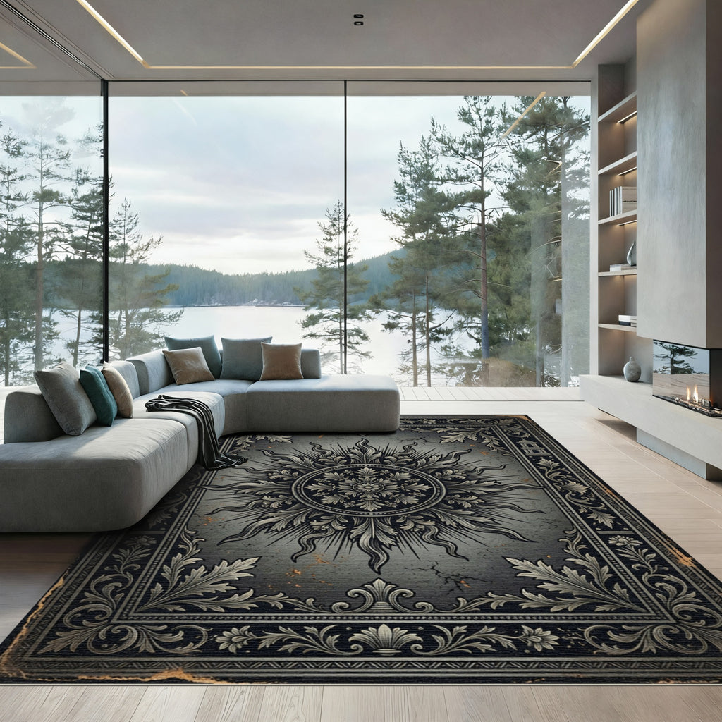 Antique Gray Ornate Sun Medallion Rug