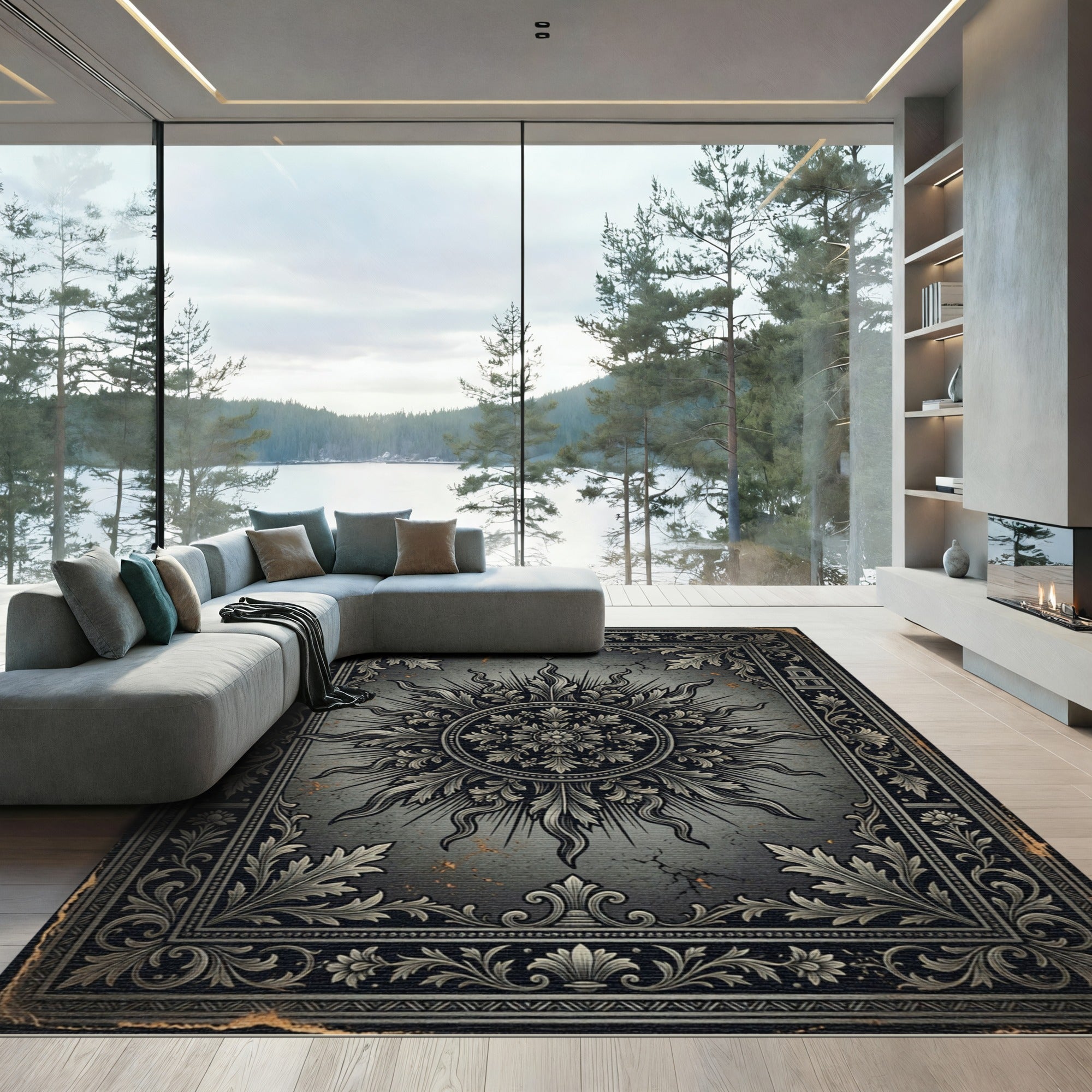 Antique Gray Ornate Sun Medallion Rug