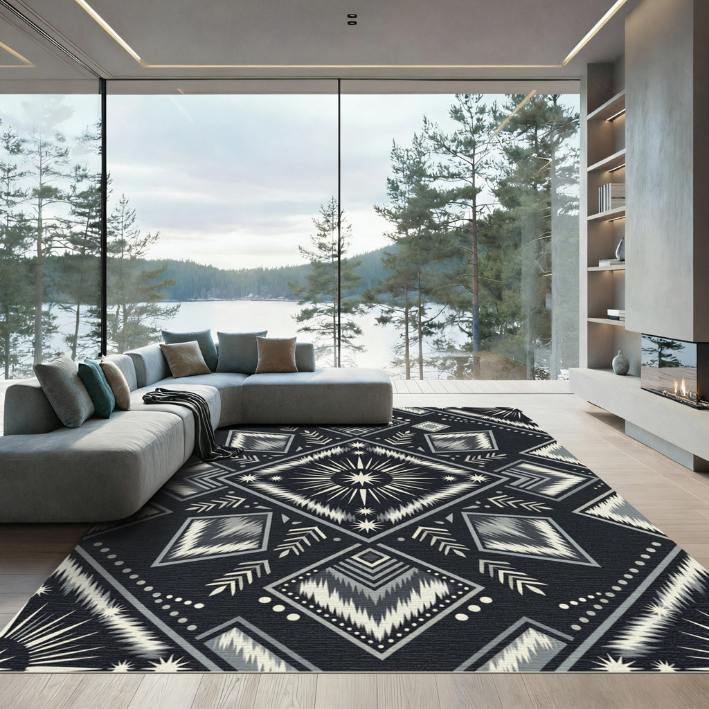 Bold Black Geometric Tribal Star Rug