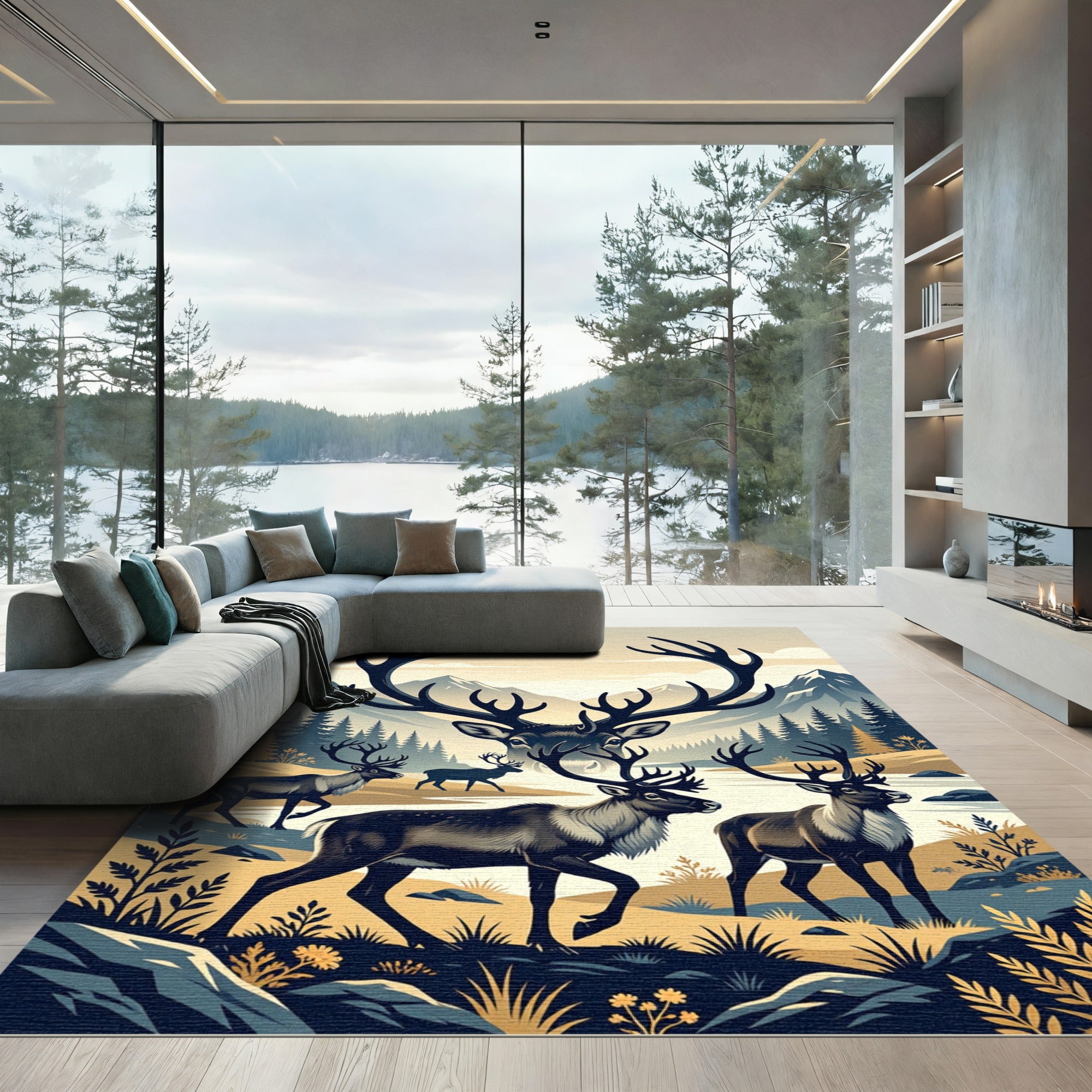 Majestic Reindeer Mountain Forest Landscape Rug