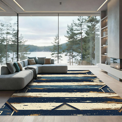 Abstract Navy and Cream Coastal House Stripe Rug