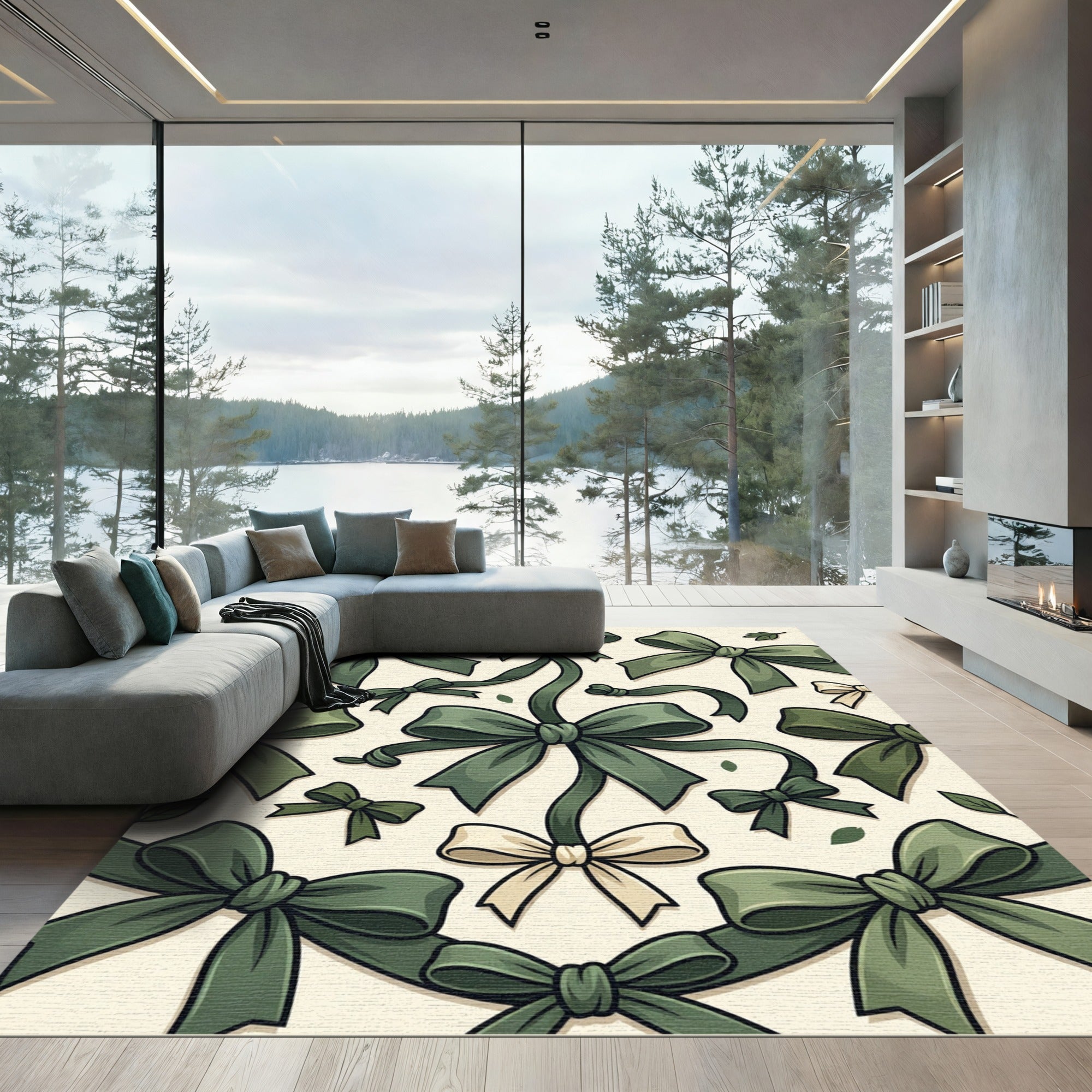 Sage Green Ribbon Bow Wallpaper Rug