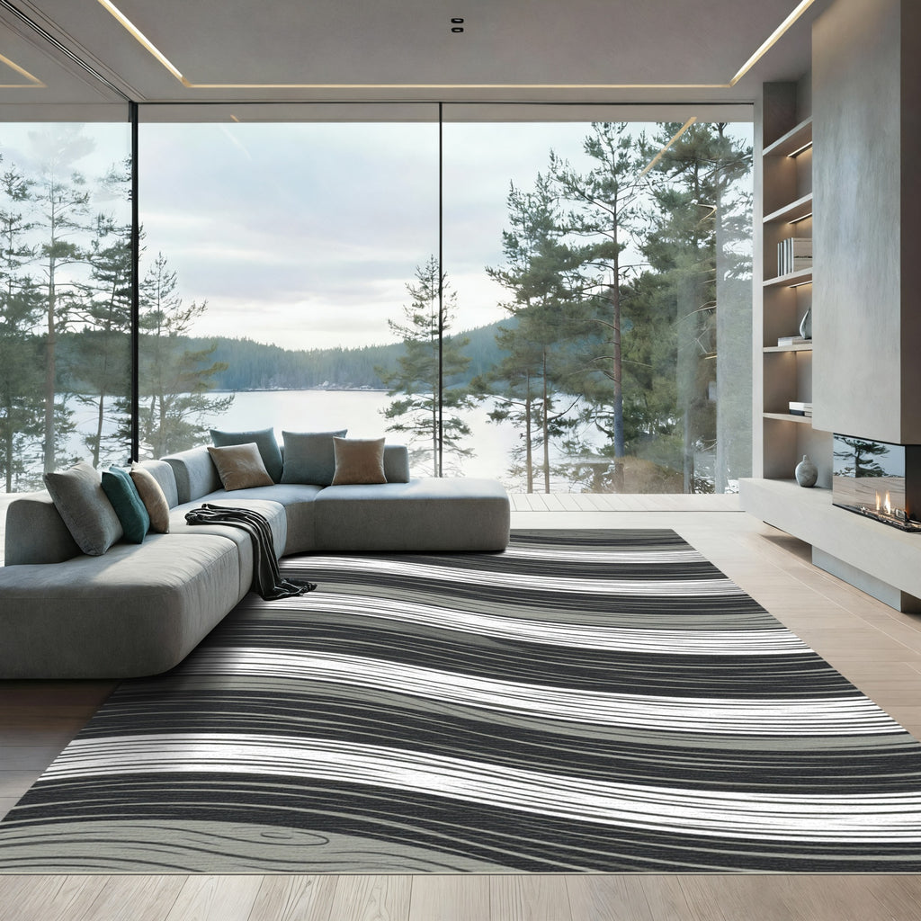 Minimalist Gray and White Wavy Texture Rug