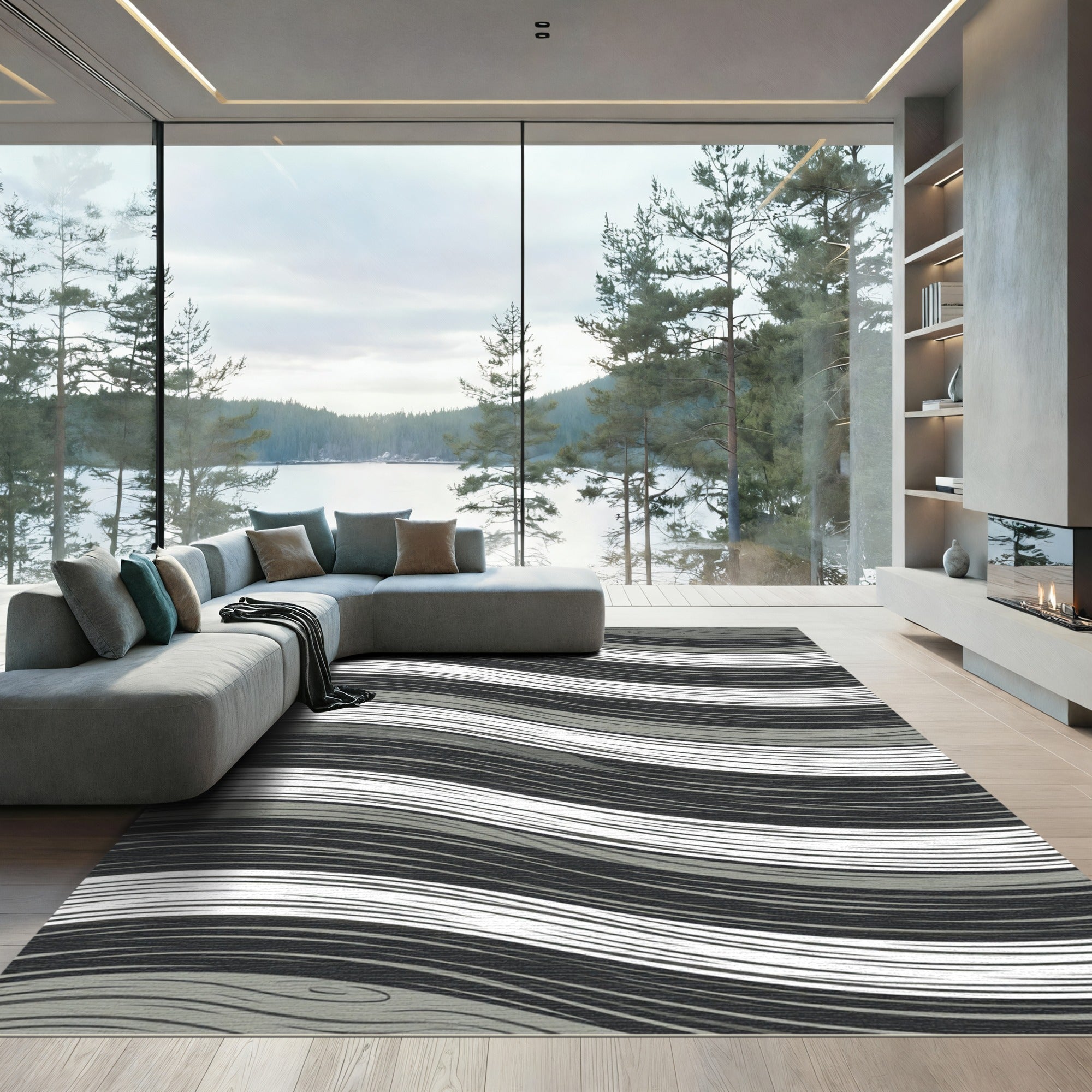 Minimalist Gray and White Wavy Texture Rug