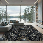 Ornate Black and Gold Palmette Ribbons Rug