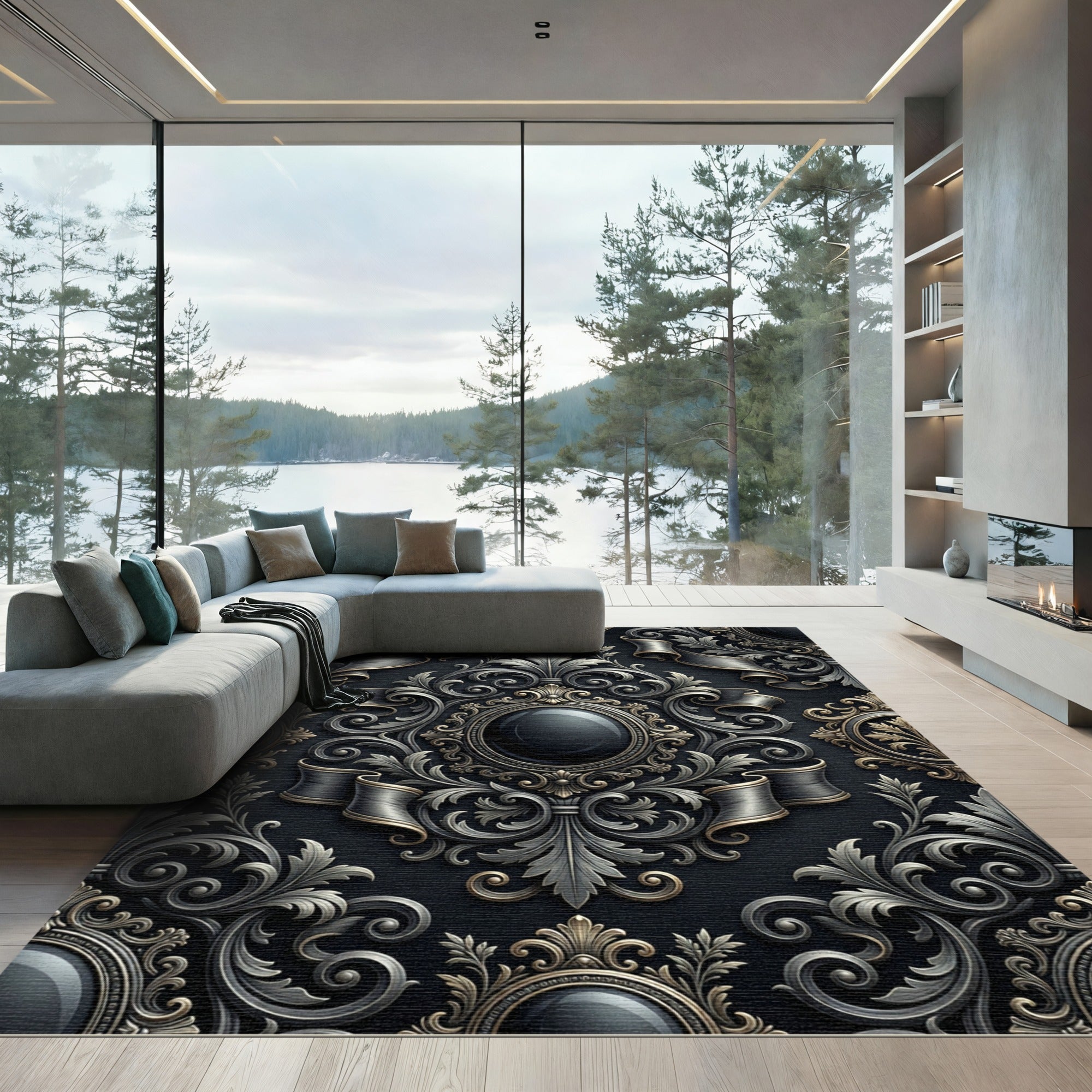 Ornate Black and Gold Palmette Ribbons Rug
