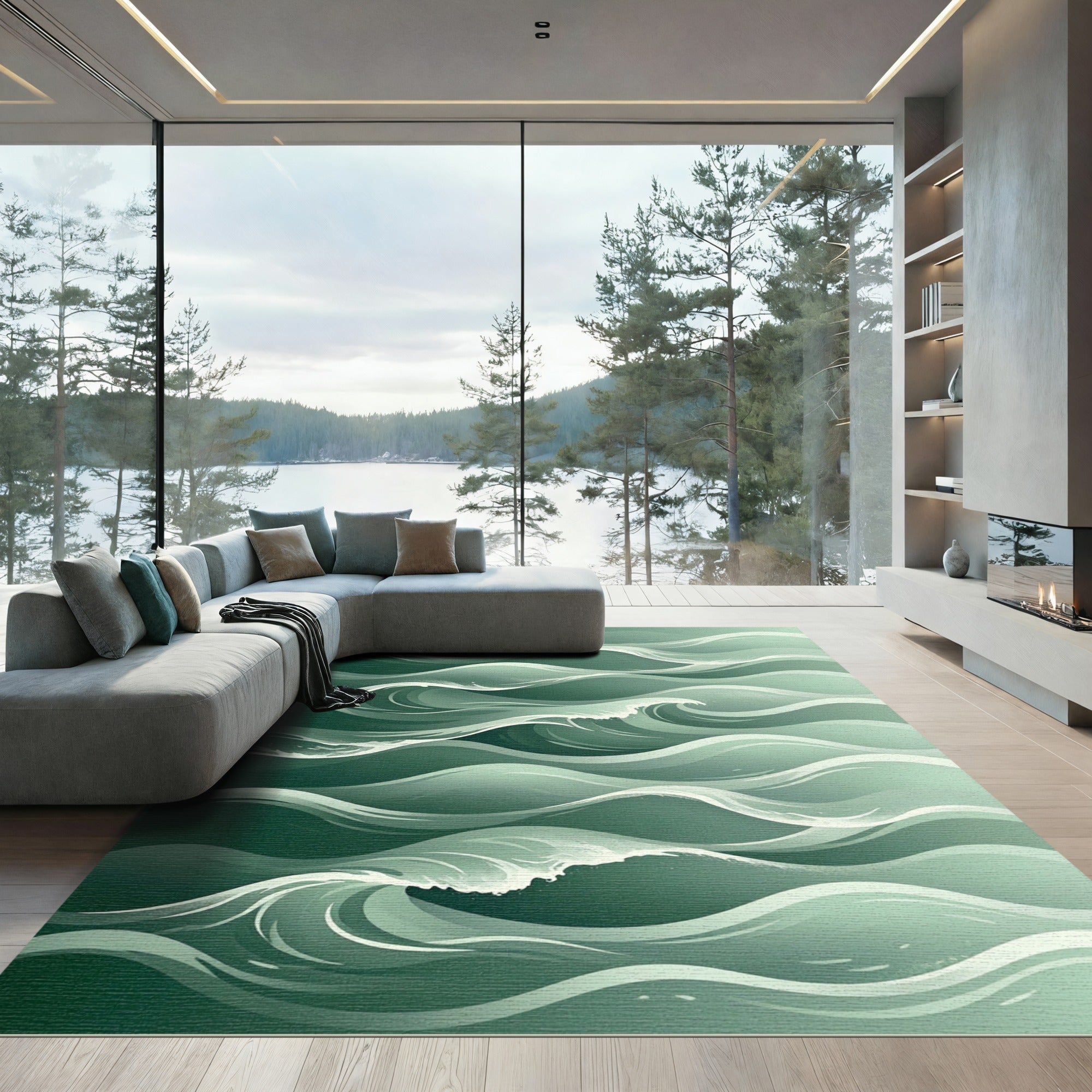 Emerald Green Ocean Wave Flow Rug