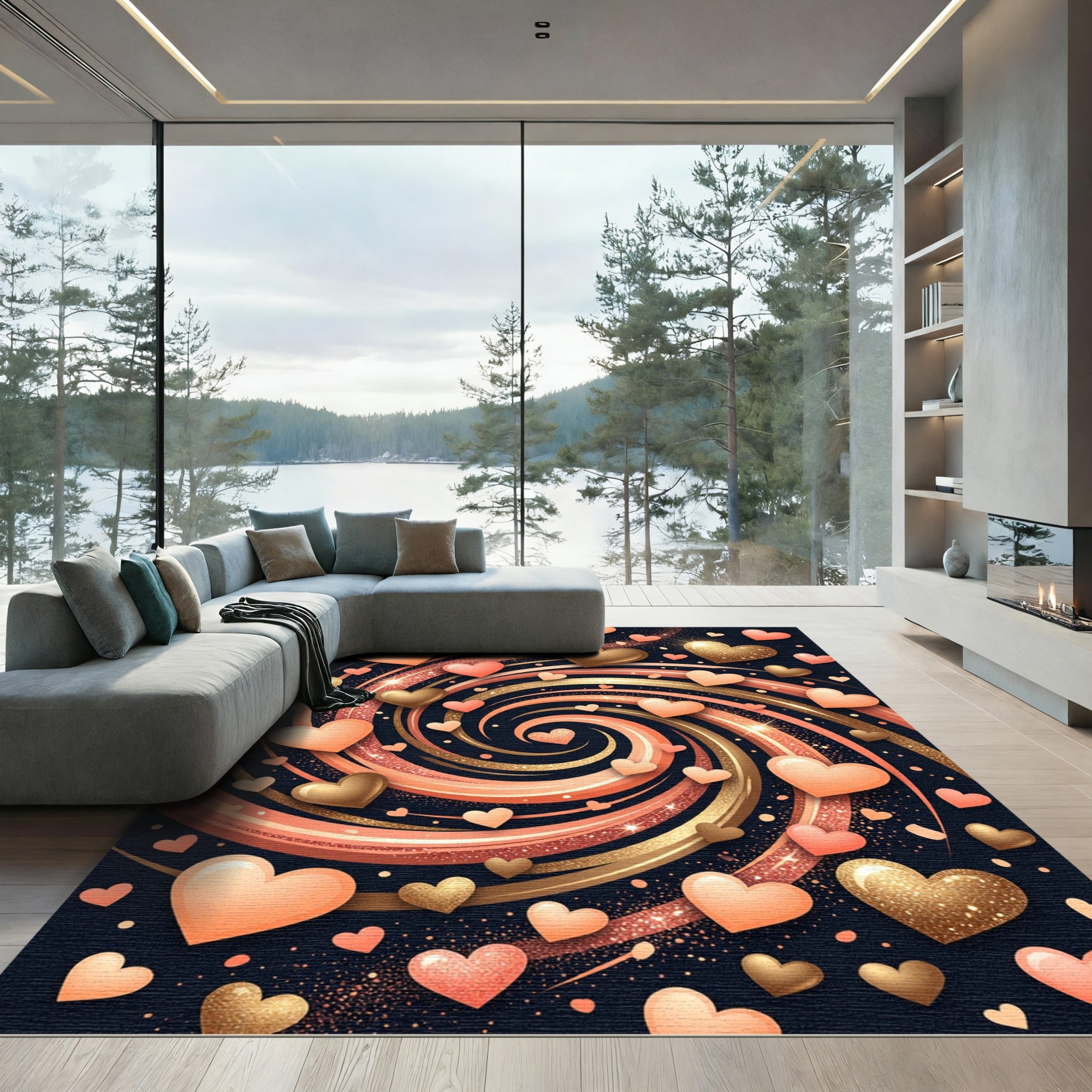 Romantic Peach Gold Heart Swirl Rug