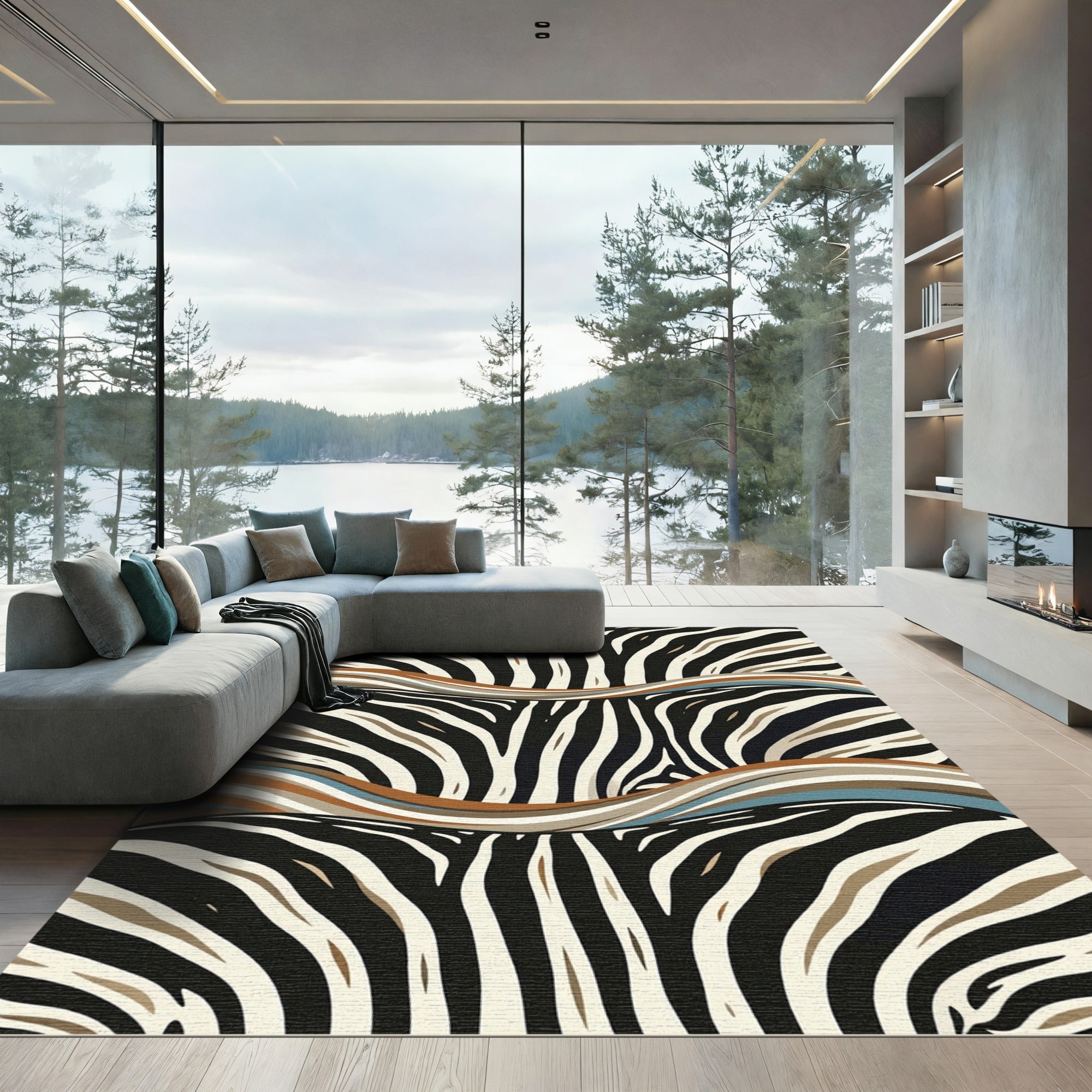 Earthy Zebra Stripe Abstract Wave Rug