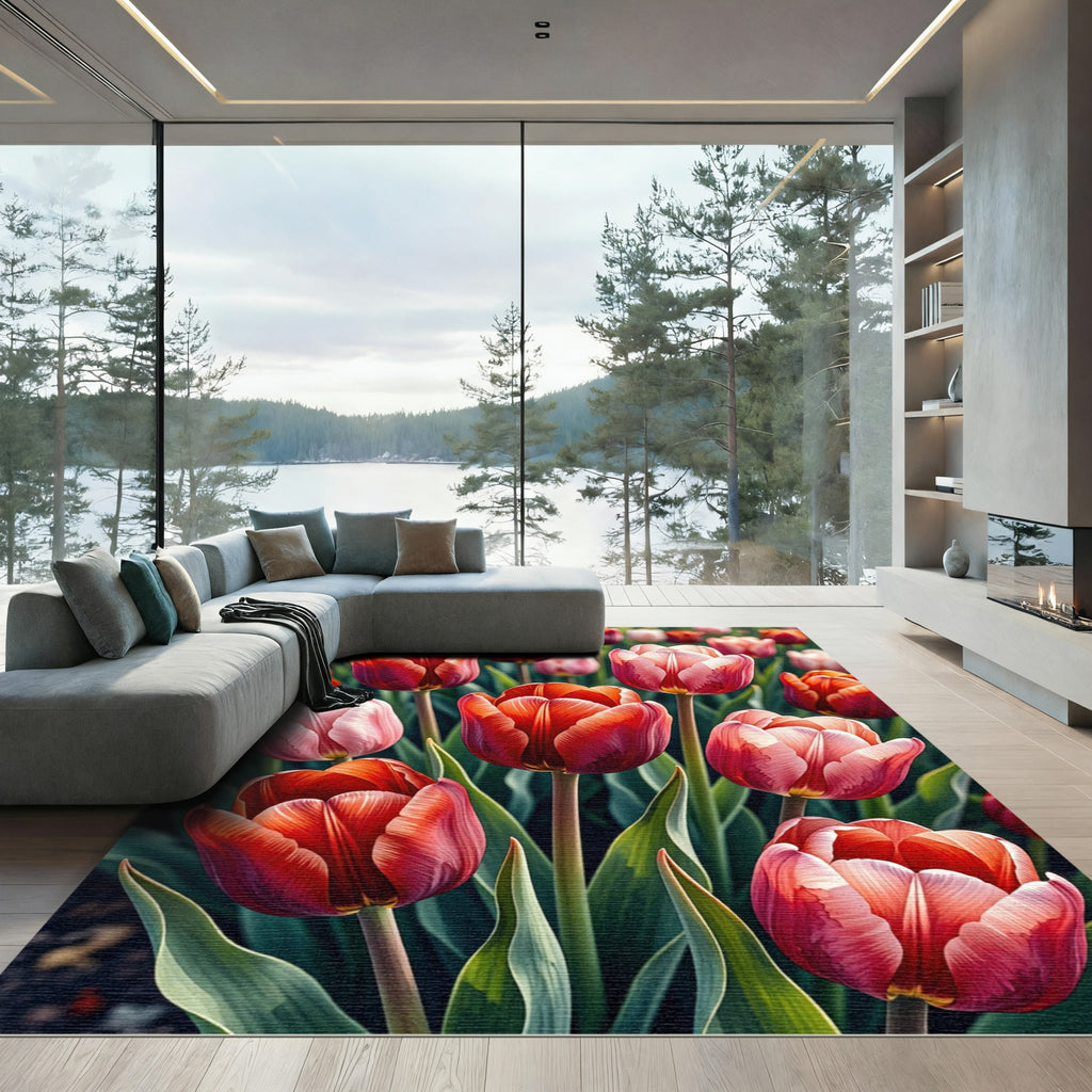 Red Pink Tulip Garden Floral Vibrant Rug