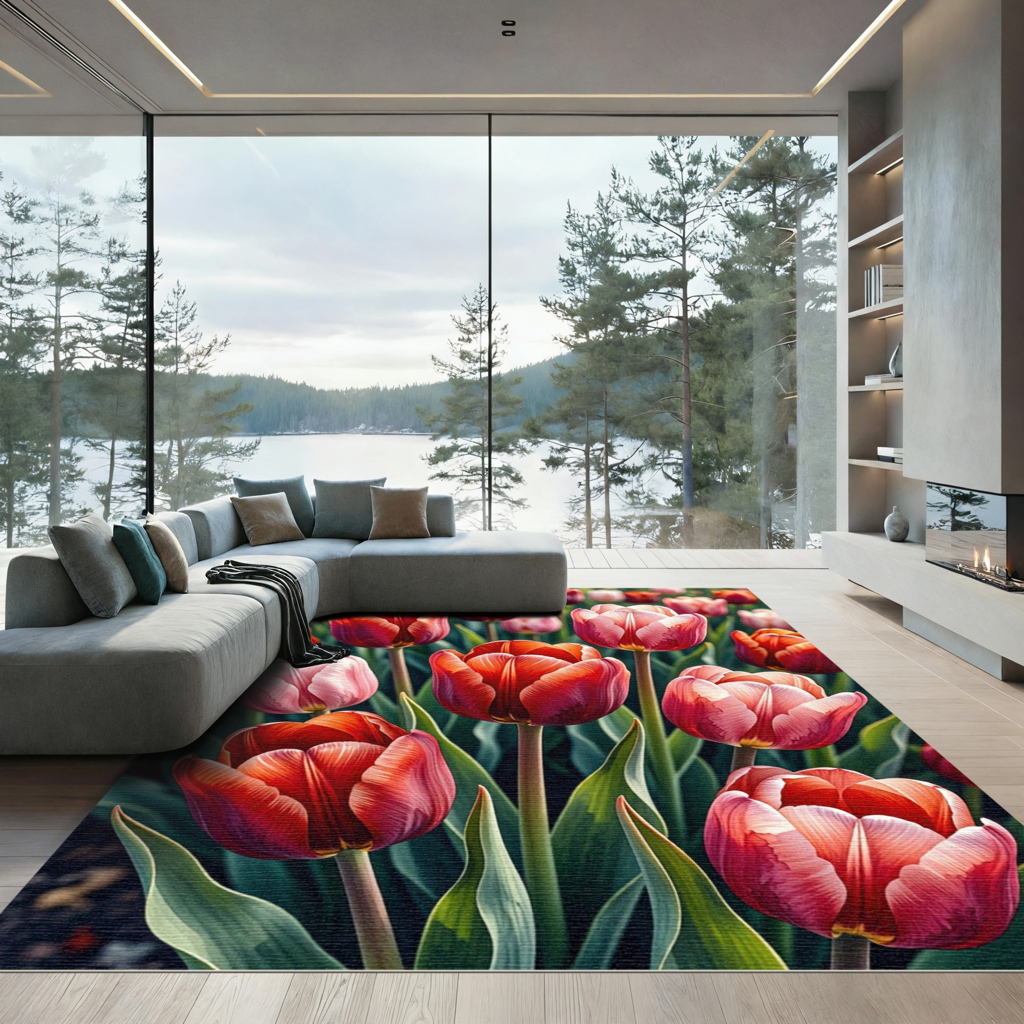 Red Pink Tulip Garden Floral Vibrant Rug