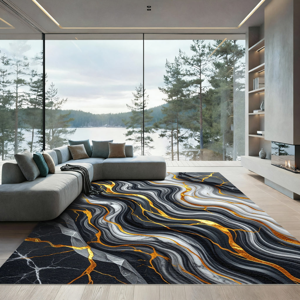 Abstract Black White Marble Gold Swirls Rug