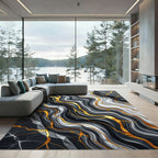 Abstract Black White Marble Gold Swirls Rug