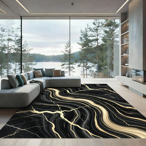 Black and Gold Liquid Marble Wave Rug