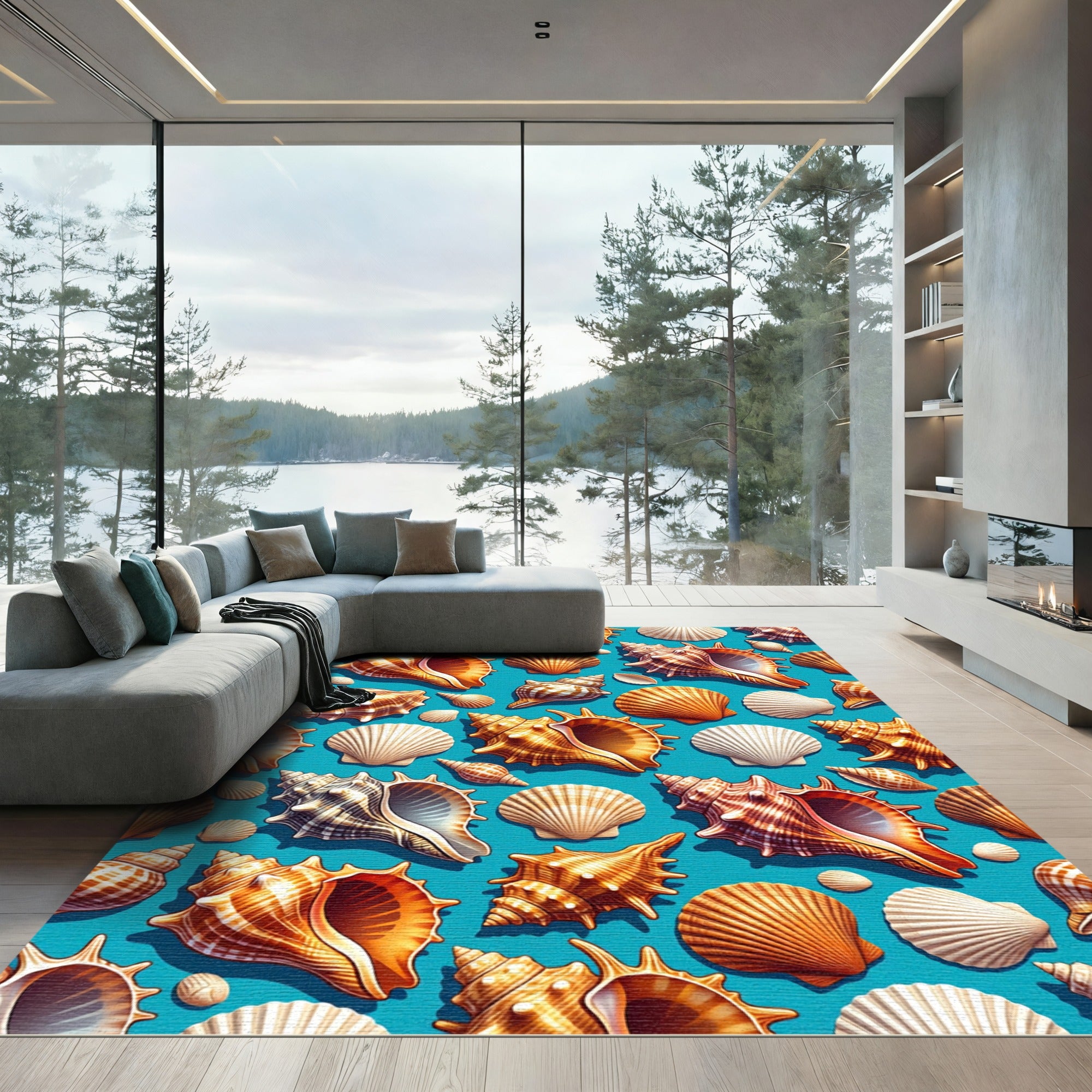 Vibrant Tropical Seashell Aquatic Blue Rug