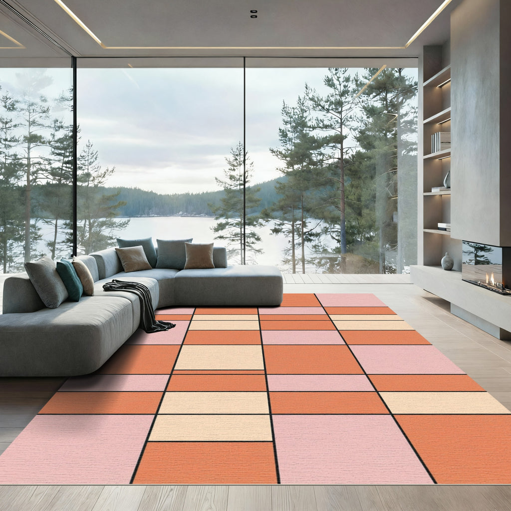 Peach Coral Pink Geometric Blocks Rug