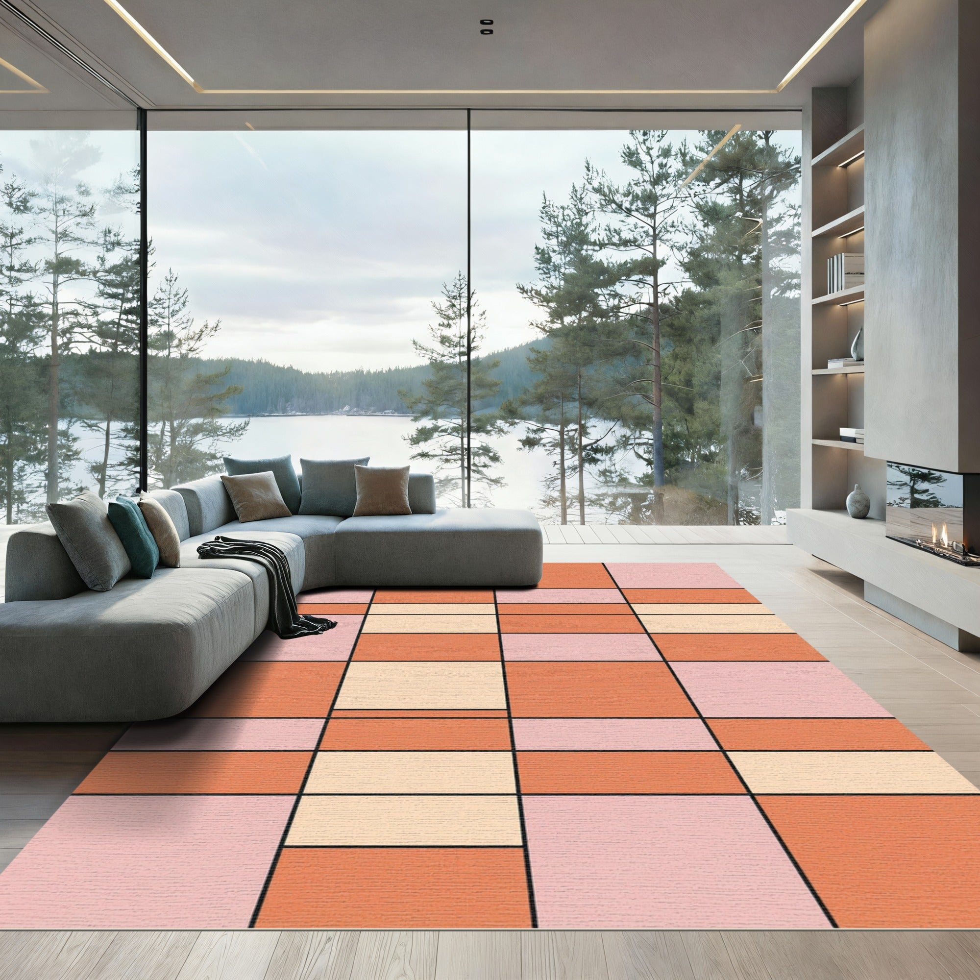 Peach Coral Pink Geometric Blocks Rug