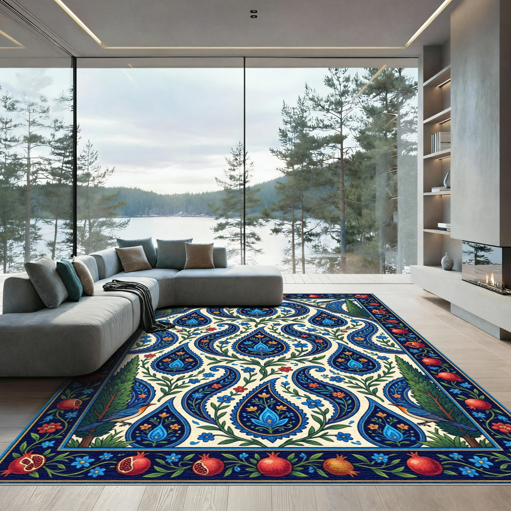 Crimson Pomegranate Blue Paisley Garden Rug