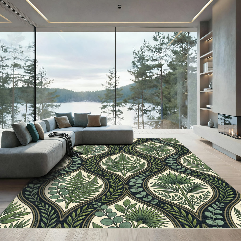 Lush Emerald Tropical Foliage Botanical Segment Rug
