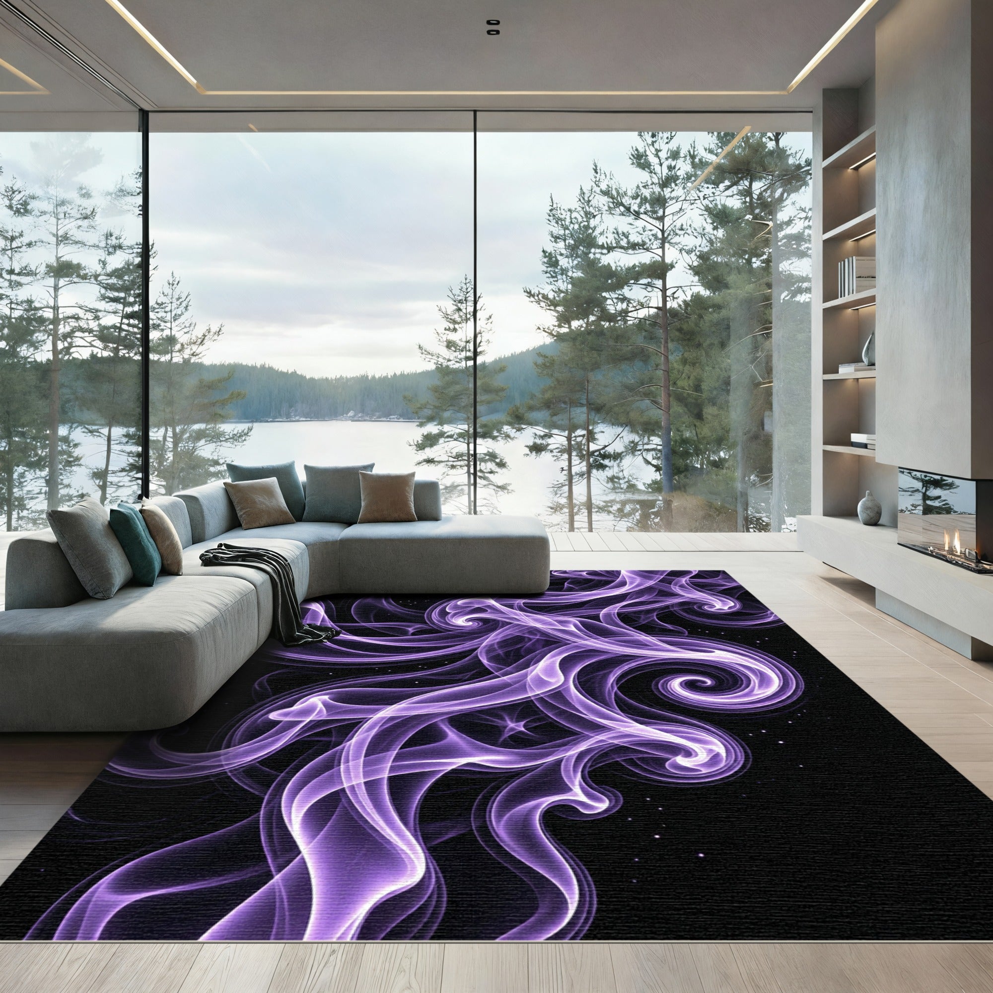 Ethereal Purple Swirling Smoke Mist Rug
