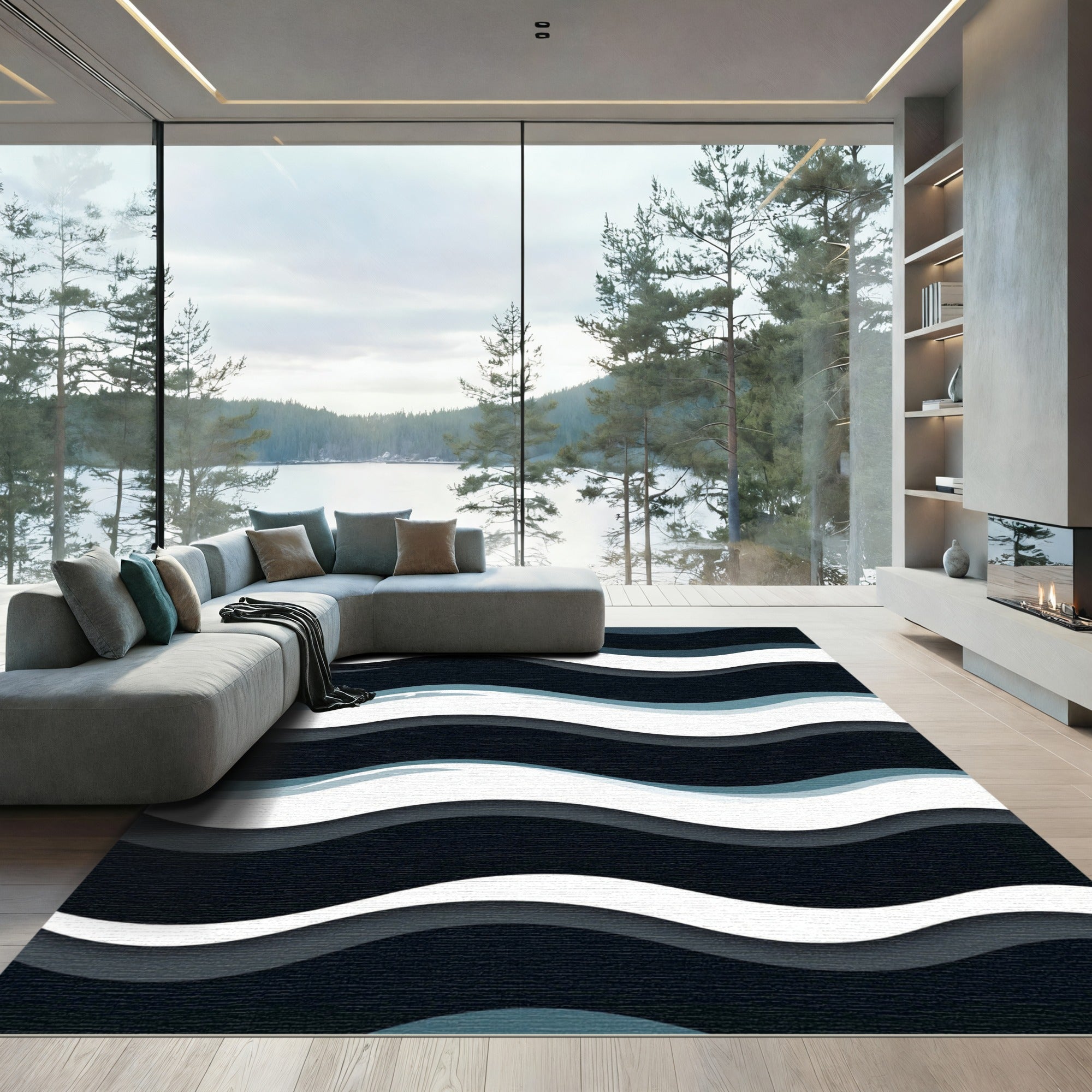 Dark Blue White Layered Wave Rug