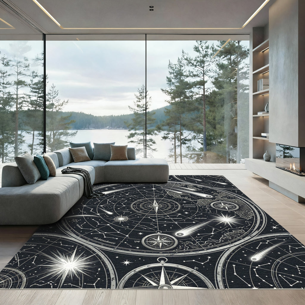 Celestial Black White Astro Compass Map Rug